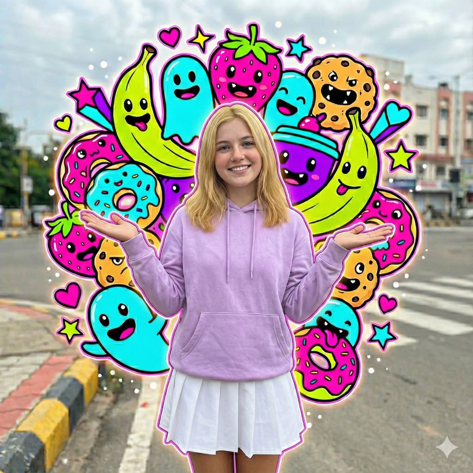 Nano Banana generated image: Analyze the attached image to identify the Subject (gender/age), Pose, Expression, Appearance (hair/skin), and Clothing (top/bottom/shoes).



Output a Single-Line Minified JSON prompt (no whitespace/line breaks) incorporating the detected details into the fixed "Sweets-Monster" style below:



{"subject":{"type":"[INSERT DETECTED GENDER/AGE]","pose":"[INSERT DETECTED POSE]","expression":"[INSERT DETECTED EXPRESSION]"},"appearance":{"hair_color":"[INSERT DETECTED]","hair_style":"[INSERT DETECTED]","complexion":"[INSERT DETECTED]"},"clothing":{"top":"[INSERT DETECTED]","bottom":"[INSERT DETECTED]","socks":"[INSERT DETECTED]","shoes":"[INSERT DETECTED]"},"environment":{"setting":"urban street corner","details":"painted curb, faded crosswalk lines, distant buildings, cloudy-bright sky"},"lighting":{"type":"bright diffused afternoon light","mood":"soft, pastel, airy"},"camera":{"angle":"mid to low angle","lens_effect":"wide lens, mild depth warp","framing":"centered"},"art_overlay":{"style":"maximalist sweets-monster pop-art","elements":{"monsters":"banana ghosts, donut creatures, strawberry heads, melting chocolate, cookie beasts","shapes":"neon stars, hearts, zigzags, drips, bubbles","colors":"flat neon pink, cyan, lime, purple with thick black outlines"},"placement":{"depth":"layers in front and behind","effects":"glowing rim lines, white spark dots"}},"style":{"overall":"pastel street photography with pop-art overlay","rendering":"photorealistic subject vs flat vector illustration"}} create a image 