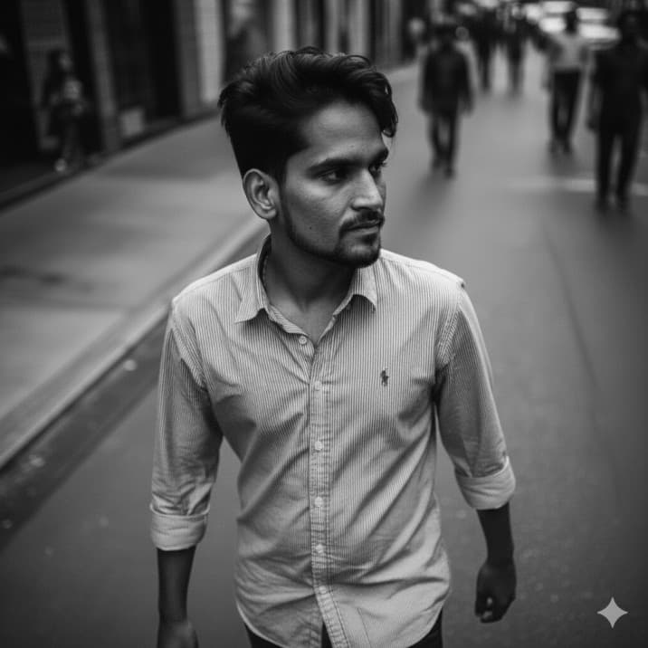 Nano Banana generated image: Analyze the attached image to identify the Subject's gender, age, facial features, and hair style. 

Generate a high-fashion image based on the subject's identity with the following style:
- **Core Aesthetic:** Black and white photograph of a Vogue fashion shoot.
- **Setting:** Subject is walking alone down a city street, street photography perspective.
- **Action & Motion:** Strong sense of motion; clothing fabric (matching the style in the original photo) lifted and moving naturally.
- **Camera Angle:** Shot from a high-angle, looking down to create a dynamic composition.
- **Technical Specs:** Candid movement, high resolution, hyper-realistic skin and fabric detail, cinematic contrast, and subtle film grain effect.
- **Mood:** Powerful, modern, and independent.

Maintain the subject's original facial structure and ethnicity from the uploaded photo while translating them into this high-fashion context.