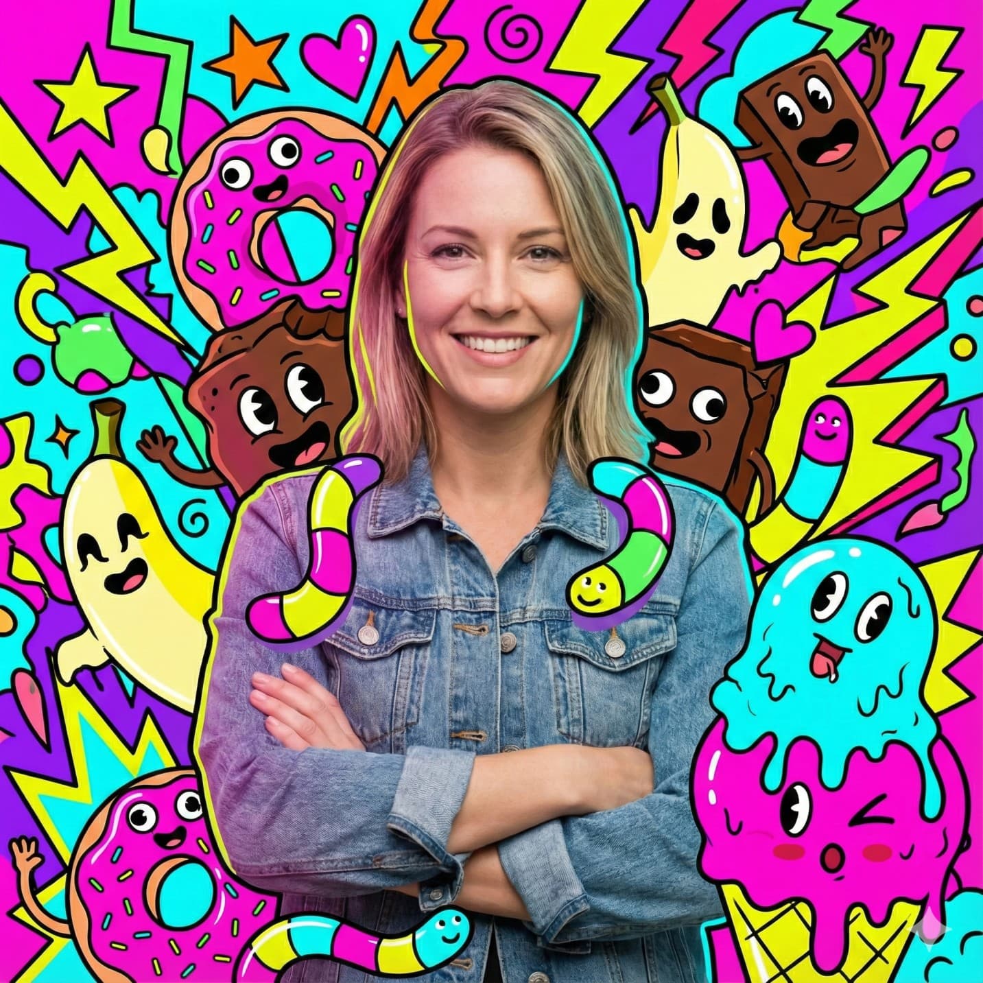 Nano Banana generated image: Mixed media art, hyper-realistic photography merged with maximalist pop-art illustration. A photorealistic subject in a dynamic pose, surrounded by a hyper-busy explosion of candy-inspired monsters and neon shapes.

The background and negative space are jam-packed with goofy, cute-ugly doodle creatures made of donuts, chocolate chunks, banana ghosts, candy worms, and melting ice cream. The illustrations are flat, neon-bright vector shapes with thick black outlines.

Composition rules: The doodle monsters should peek from behind the subject's shoulders, overlap the clothing with subtle shading, and fill the background, but strictly avoid covering the subject's face, skin, or hands.

Lighting is intense neon mixed lighting, electric and kinetic mood. Wide lens, subtle distortion, sharp focus on the photorealistic subject.