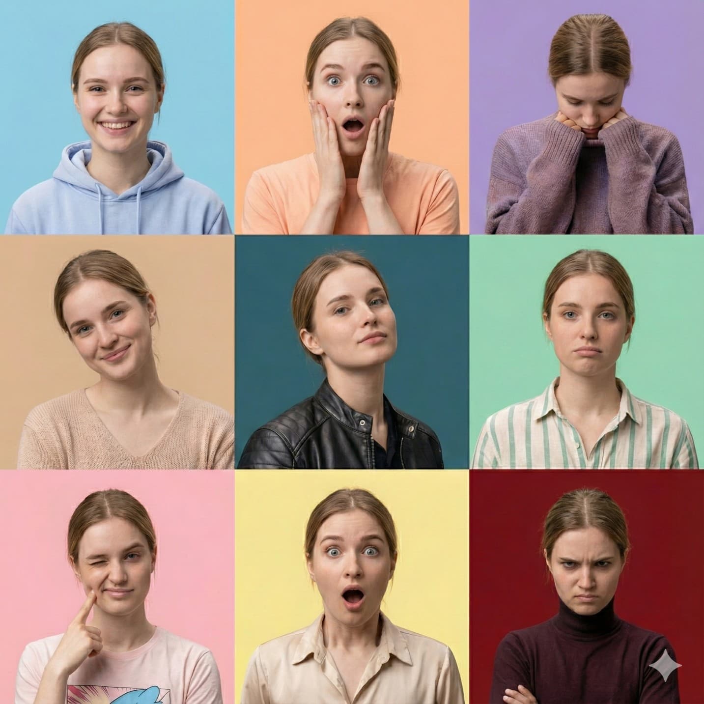 Nano Banana generated image:  {
  "image_prompt": {
    "critical_instruction": "ABSOLUTE PRIORITY: Maintain identical facial structure across all panels. Do not alter underlying bone structure, nose shape, eye spacing, or jawline regardless of the expression being rendered. The identity must be unmistakable in every single shot.",
    "format": "3x3 grid collage",
    "subject": {
      "face_reference": "uploaded_photo",
      "face_identity_lock": "CRITICAL: fixed identity, zero deviation from reference facial features",
      "face_match_accuracy": "100% exact match enforced",
      "identity_preservation_details": "Ensure consistent interpupillary distance, exact nose bridge shape, and jaw structure in every panel.",
      "negative_constraints": [
        "do not morph nose shape",
        "do not change eye size or spacing",
        "do not alter cheekbone structure",
        "no plastic surgery look"
      ],
      "style": "hyper-realistic portrait photography, 8k resolution, raw photo aesthetic",
      "skin": "highly detailed natural skin texture, visible pores, subtle imperfections, realistic complexion, consistent across all lighting conditions",
      "camera_settings": "shot on Sony A7R IV, 85mm portrait lens, f/1.8 aperture, sharp focus on eyes, shallow depth of field"
    },
    "panels": [
      {
        "expression": "joyful",
        "pose": "bright natural smile (maintaining jaw structure), shoulders slightly raised",
        "hairstyle": "high ponytail with loose strands",
        "outfit": "pastel cotton hoodie",
        "background": "soft gradient sky blue studio backdrop"
      },
      {
        "expression": "surprised",
        "pose": "hands near face, wide eyes (without altering eye shape), natural reaction",
        "hairstyle": "loose natural wavy hair",
        "outfit": "casual cotton t-shirt",
        "background": "light peach studio backdrop"
      },
      {
        "expression": "sad",
        "pose": "head tilted down, emotional soft eyes",
        "hairstyle": "messy low bun",
        "outfit": "oversized wool sweater",
        "background": "muted lavender tone studio backdrop"
      },
      {
        "expression": "tender",
        "pose": "gentle smile, head slightly tilted",
        "hairstyle": "elegant half-up hairstyle",
        "outfit": "soft knit top",
        "background": "warm beige studio backdrop"
      },
      {
        "expression": "daring",
        "pose": "confident gaze, chin slightly raised (showing consistent jawline)",
        "hairstyle": "chic slicked-back hair",
        "outfit": "stylish leather or denim jacket",
        "background": "deep teal studio backdrop"
      },
      {
        "expression": "playful",
        "pose": "cheeks slightly puffed (ensure nose remains unchanged), playful stare",
        "hairstyle": "short textured bob",
        "outfit": "striped linen shirt",
        "background": "soft mint green studio backdrop"
      },
      {
        "expression": "charming",
        "pose": "wink with finger poking cheek",
        "hairstyle": "playful double buns",
        "outfit": "trendy graphic tee",
        "background": "light pink studio backdrop"
      },
      {
        "expression": "shocked",
        "pose": "mouth slightly open, eyebrows raised (forehead wrinkles match reference age)",
        "hairstyle": "tousled loose hair",
        "outfit": "simple silk blouse",
        "background": "light yellow studio backdrop"
      },
      {
        "expression": "furious",
        "pose": "arms crossed, intense glare (eyes narrowed but spacing unchanged)",
        "hairstyle": "tight high bun",
        "outfit": "dark fitted turtleneck",
        "background": "deep red studio backdrop"
      }
    ],
    "rendering": {
      "lighting": "cinematic studio lighting, softbox illumination, remix of warm and cool tones, rim light for separation",
      "shading": "realistic shadows, subsurface scattering on skin, consistent facial modeling",
      "quality": "photorealistic, ultra-detailed, award-winning photography, magazine quality",
      "consistency": "FLAWLESS identity consistency and lighting setup across all 9 panels"
    },
    "composition": {
      "grid_alignment": "perfectly aligned 3x3 photo booth strip style",
      "spacing": "equal white margins between panels",
      "background_border": "clean white border"
    }
  }
} 