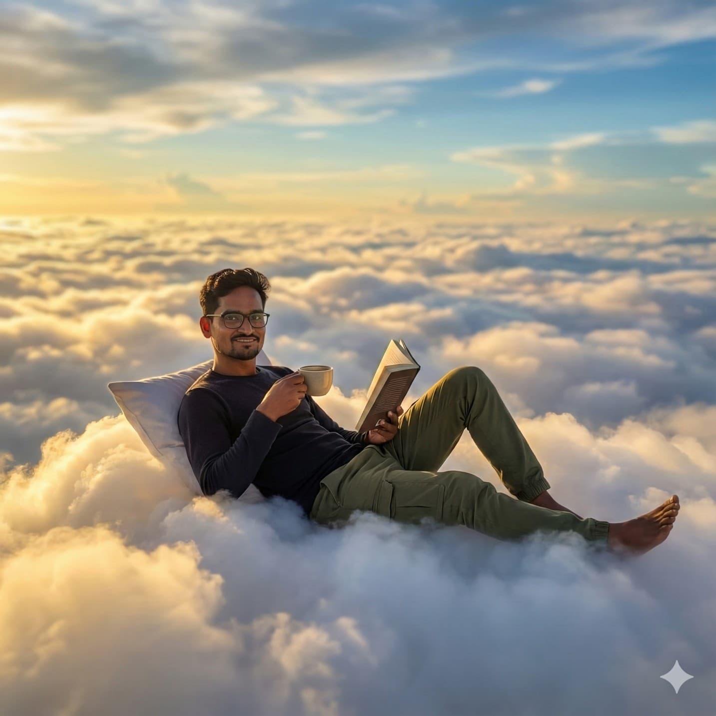 Nano Banana generated image:  the person from the reference photo ( keep the face of the person 100% accurate from the reference image ) relaxing on a fluffy, glowing cloud high above the sky, surrounded by soft golden sunlight and vast layers of clouds stretching to the horizon. the person is lying back comfortably with a pillow, wearing a dark long-sleeve shirt, olive green pants, and glasses, holding a book in one hand and a coffee cup in the other. the lighting is cinematic and warm, capturing the golden hour ambiance with radiant highlights and gentle shadows across the clouds. captured with a wide-angle lens at medium depth of field, balancing focus between the subject and the surrounding dreamy sky. the overall atmosphere is surreal and serene, blending realism with fantasy in a peaceful, imaginative setting. 