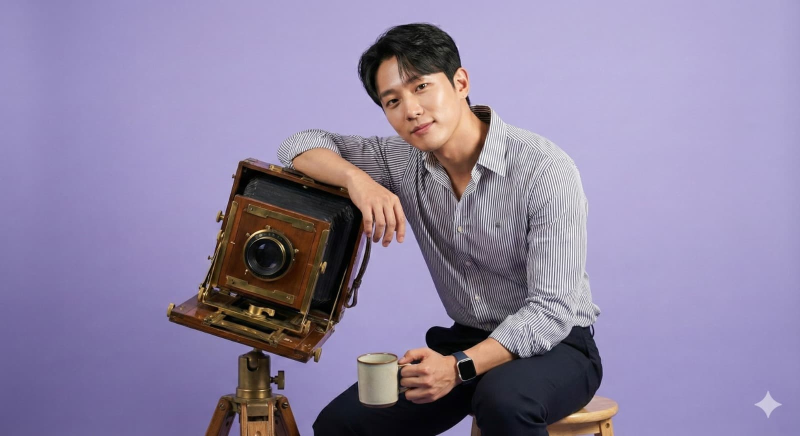 Nano Banana generated image:  A hyper-realistic full-body portrait of uploaded image. Their pose is "sitting". Beside them stands a vertical oversized "camera", placed firmly on the ground, slightly tilted for a stylish aesthetic. The object is approximately at arm-height, allowing them to casually lean one arm on it for support. In their other hand, they hold a "cup". Minimal "lavender" studio background with soft cinematic lighting. Ultra-detailed textures on clothing, skin, hair, object surfaces. Composition clean, minimal, modern, and visually striking. 