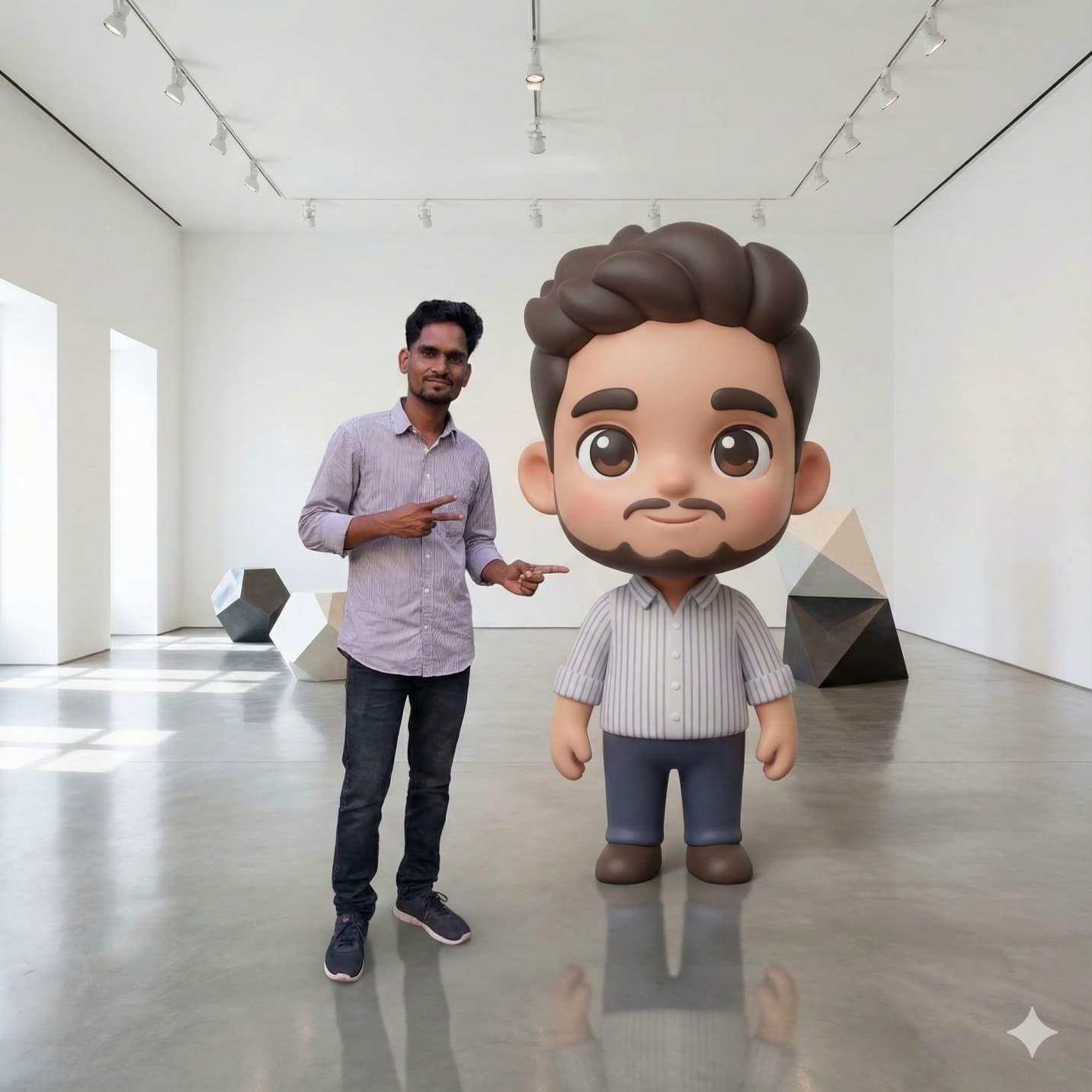 Nano Banana generated image:  Transform of into a realistic scene where the person stands next to a large ${figureStyle} of herself with the same hairstyle and outfit version of themselves inside a a bright art gallery with smooth polished floor, white walls, ceiling track lights, and geometric sculptures on display.. The statue should have a round face, big cute eyes, soft smile, and oversized head with a small body to look adorable and toy-like. Use soft matte or vinyl toy texture to enhance the cuteness. The person is making ${pose} gesture. Match lighting, perspective, and shadows between the person and the statue so they blend naturally in the same space. Add ambient light, contact shadows, and clean reflections. The statue is slightly taller and positioned close to the person. High detail, soft lighting, no harsh edges, no extra people. 