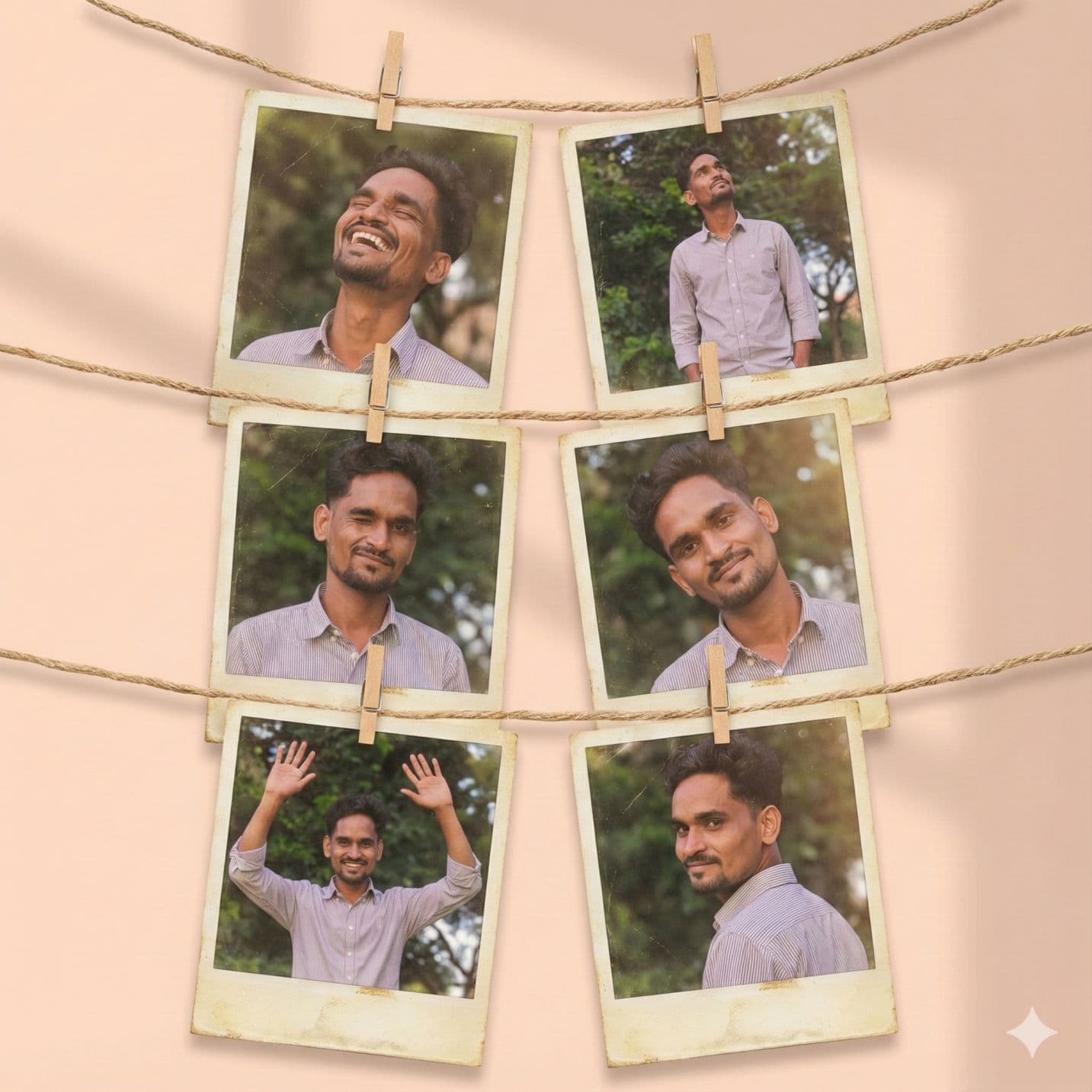 Nano Banana generated image:  Create an artistic collage of 6 vintage Polaroid photos, attached with a decorative rope and mini clothespins, like a home photo gallery. Each Polaroid frame has a slight fading and an old paper effect. The background is a soft pastel wall with light shadows, creating a cozy and creatively chaotic atmosphere. Emotions and poses: Light laughter — eyes closed, natural joy. Dreamy gaze upwards, relaxed pose. Playful wink. Calm smile with a head tilted to the side. Dynamic gesture hands raised high, full of energy. Romantic half-glance over the shoulder. The atmosphere is an art-retro style with elements of a '70s fashion magazine, soft diffused lighting, and muted warm and golden tones. Each photograph looks like a unique behind-the-scenes shot, with a touch of nostalgia and a sense of personal history. 