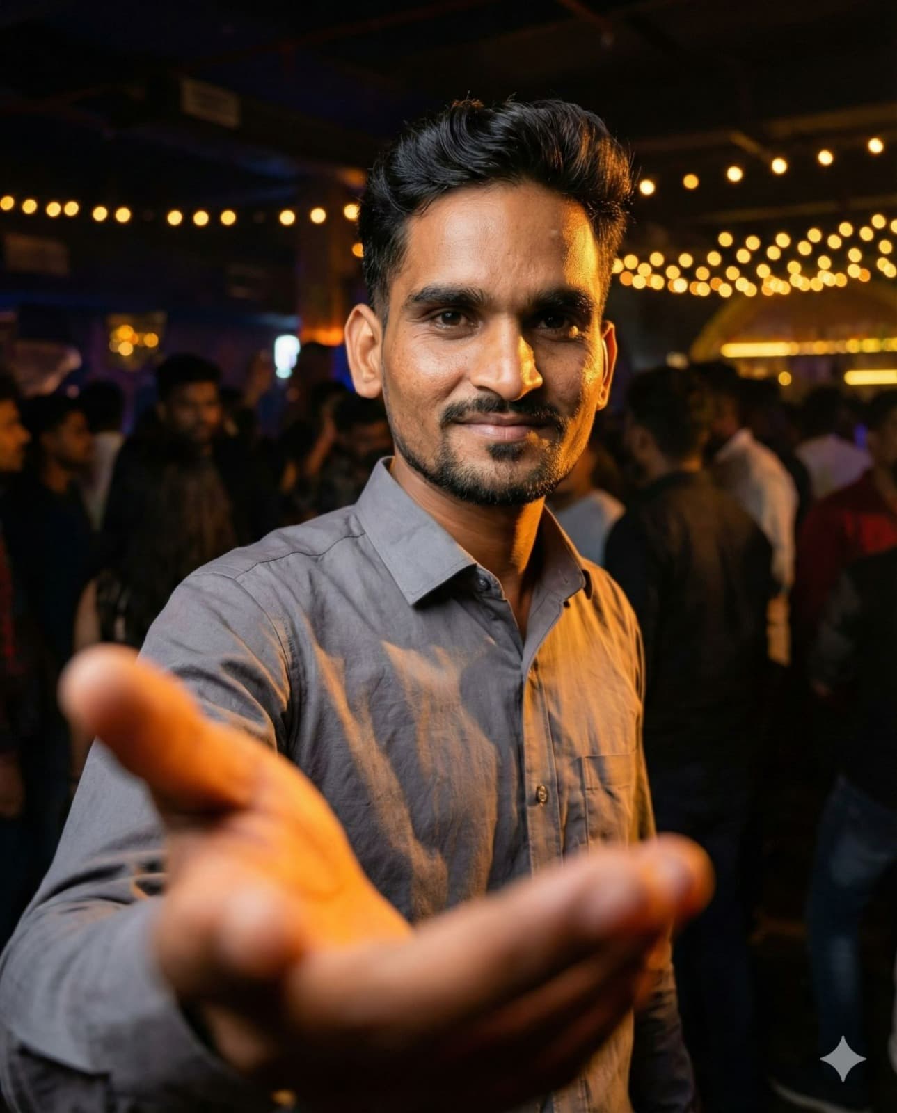 Nano Banana generated image: Use the uploaded image as the identity reference.

Identity (Strict)
Preserve the uploaded person’s 100% facial identity: facial structure, proportions, skin texture, age, expression, and natural asymmetry.
Do not change gender, age, ethnicity, or body type.
No beautification, no face reshaping, no stylization.
Style & Composition (LOCKED)
Generate the image in the same visual style, camera setup, pose logic, and composition as a premium nightlife fashion portrait with forced-perspective reach.
One hand or foreground element must appear closer to the camera, creating depth.
Foreground hand covers roughly 25–35% of the frame.
Face remains the primary focal point; foreground slightly softer.
Pose Adaptation (IMPORTANT)
Adapt the pose naturally to the uploaded person’s gender and body type.
Do not copy a feminine or masculine pose rigidly.
Maintain confident, composed body language appropriate to the subject.
Wardrobe Logic (Gender-Safe)
Preserve the uploaded person’s original clothing if visible.
If clothing must be inferred, generate neutral, fashionable, context-appropriate attire that fits the subject’s gender presentation naturally.
No corsets, dresses, or gender-locked outfits unless already present in the reference image.
Hair & Makeup
Preserve original hair length, texture, and style direction.
Makeup should match the uploaded person:
If none → natural skin
If present → replicate intensity and finish
No forced glam.
Environment
Create a modern nightlife / low-light social environment consistent with a stylish club or evening venue.
Background crowd must remain soft, blurred, and non-identifiable.
Lighting (LOCKED LOOK)
Side-accent key light from one direction.
Low ambient fill.
Warm, moody color temperature.
Realistic shadow falloff consistent with club lighting.
Camera Look (LOCKED)
Vertical 4:5 composition.
Natural wide-angle feel.
Medium close-up framing.
Slight perspective exaggeration from close camera distance.
Output Quality
Ultra-photorealistic
High resolution
Natural skin and fabric texture
No text, no watermarks, no overlays
Absolute Rules
No gender forcing
No pose cloning
No face alteration
No outfit mismatch
No style drift