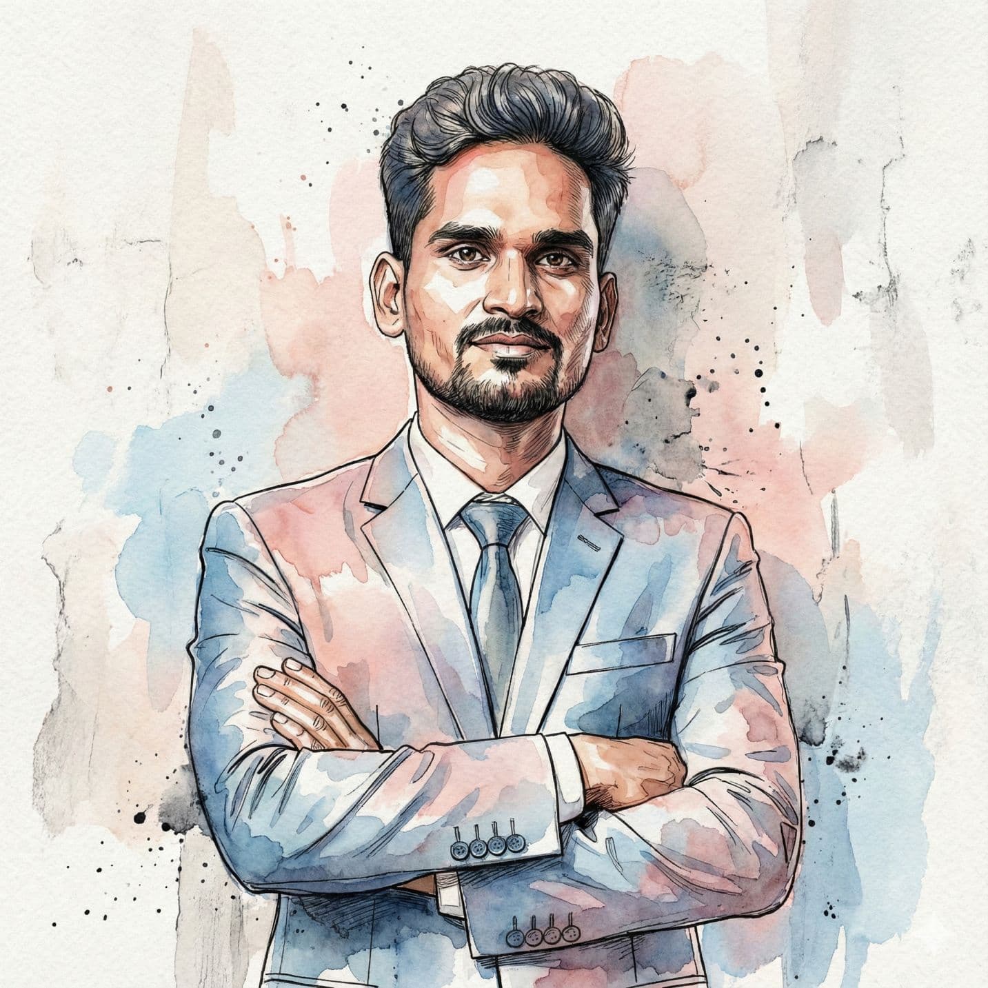 Nano Banana generated image: "Create a high-detail watercolor and ink portrait of the exact same face (100% match). Preserve the facial features precisely. The artwork should blend soft flowing watercolor washes in pastel blues and warm pinks with expressive black ink linework defining contours and hair strands. The colors should bleed naturally into each other with visible paper texture and delicate brush splatter. Use light transparency layers to convey emotion, depth, and a sense of calm movement. Place the subject in front of a textured wall (e.g., brick, stucco, or painted surface) instead of a plain background, keeping the wall subtle so it complements the portrait without distracting. Maintain a soft, artistic feel with the wall integrated naturally behind the figure."