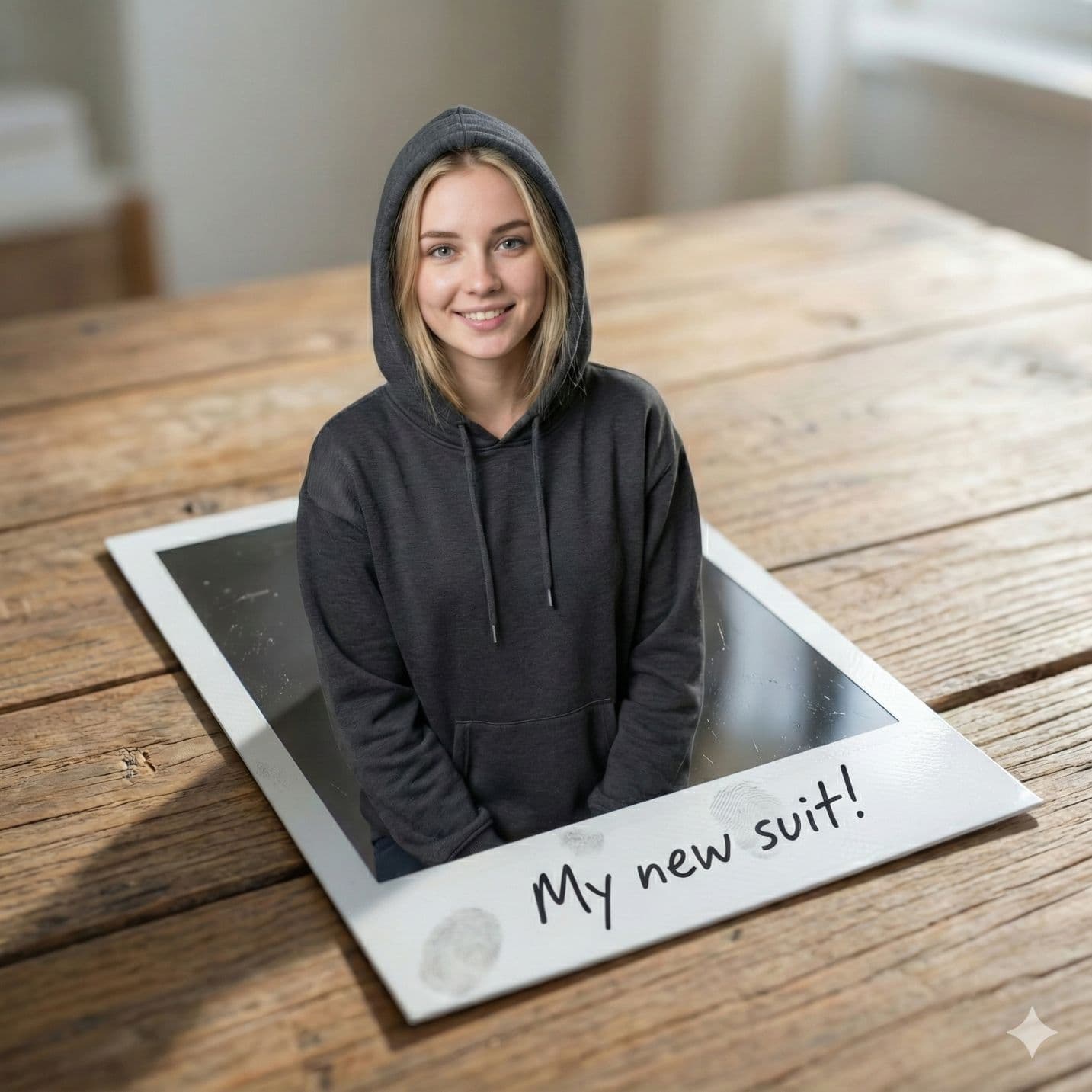 Nano Banana generated image: Use the uploaded image as the identity reference.

Identity (Strict – No Compromise)
Preserve the uploaded person’s 100% facial identity: facial structure, proportions, skin texture, hairline, age, and natural expression.
Do not morph, beautify, feminize, masculinize, or stylize the face.
Gender, body type, and appearance must remain exactly as in the reference image.
Core Concept (STYLE LOCKED)
Create a hyper-realistic optical illusion photograph where the person appears to be emerging out of a freshly developed instant photo (Polaroid-style) placed on a small table or flat surface.
Inside the instant photo: the person’s full body or lower body is visible.
Outside the photo: the person’s upper body and head emerge into real space, casting a realistic shadow onto the surface.
The transition between print and reality must feel physically believable.
Pose & Interaction (Adaptive)
The emerging pose should feel natural and spontaneous, adapted to the uploaded person’s gender and body language.
One hand or upper-body gesture may extend slightly forward to enhance depth.
Expression should feel lively and engaging, but must adapt naturally to the person’s face (no forced kiss, pout, or flirt unless it already fits).
Hair & Styling
Preserve original hair length, texture, and direction.
Add only subtle natural movement (air or motion), never restyling.
Clothing Logic (IMPORTANT – Gender Safe)
Preserve the uploaded person’s clothing if visible.
If parts of the outfit are not visible, infer neutral, realistic, context-appropriate fashion that fits the person’s gender presentation naturally.
Clothing inside the instant photo must logically match the person emerging from it.
No skirts, dresses, or gender-locked items unless already implied by the reference image.
Instant Photo Details
The instant photo should look glossy and real, with:
Subtle fingerprints
Micro scratches
Natural paper texture
Any printed text on the photo frame must be readable and not mirrored.
If handwritten annotations are present, they must be:
Legible
Correctly oriented
Clearly pointing to outfit elements inside the photo
Environment & Lighting
Use soft natural daylight or diffused light.
Shadows must match direction and intensity across:
The real subject
The instant photo
The table or surface
Maintain realistic depth and scale.
Camera & Composition
Forced-perspective realism
Slight top-down or intimate POV angle
Shallow depth of field to emphasize realism
Preserve original aspect ratio unless explicitly changed
Output Quality
Ultra-photorealistic
High resolution
Natural skin and fabric textures
No text overlays, no watermarks
Absolute Rules
No gender forcing
No identity change
No pose copying from a specific gender
No outfit hallucination
No surreal distortion beyond the illusion