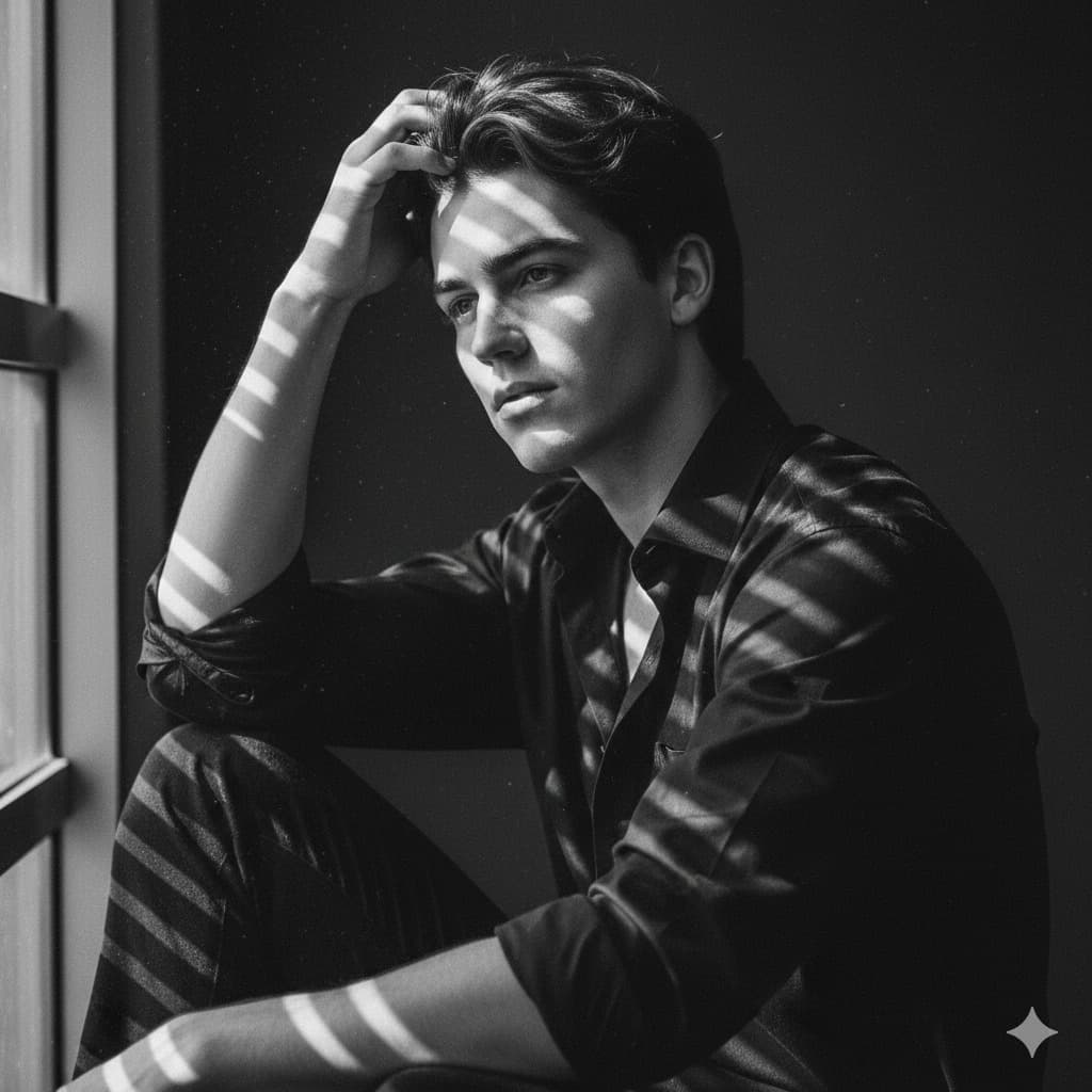 Nano Banana generated image: A hyperrealistic 8K black and white cinematic portrait of a handsome man with natural freckles and soft full lips. He's wearing black shirt unbuttoned, sleeves rolled up. He is seated sideways near a window, his body turned slightly away from the camera while his face gently tilts back toward the lens, catching the incoming light. One arm rests loosely on his lap, the other raised with fingers brushing his hair, adding natural elegance to the pose. Sharp beams of sunlight cut through blinds, falling diagonally across his face and body, creating patterns of high contrast that resemble shimmering underwater light. The interplay of shadow and brightness sculpts his features, highlighting the fine detail of his skin texture - visible pores, faint freckles, and the delicate sheen of natural light on her lips and cheekbones. The background is deep and minimal, dissolving into soft gradients of black, with dust particles faintly visible in the illuminated air. Film-like grain enhances the analog quality of the portrait, while the high contrast of pure blacks against luminous whites makes the composition timeless and editorial. Don't change the face.

Use the attached image and don't change facial details
