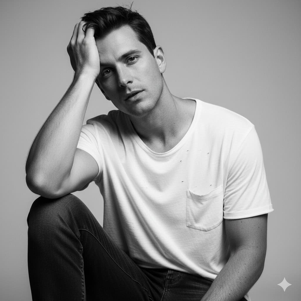 Nano Banana generated image: A monochrome portrait of me sitting in a relaxed pose against a plain background. My body is angled slightly forward, with my right arm bent upward so that my hand rests casually on my forehead, fingers framing the side of my face in a natural gesture. My left arm rests lower, close to my body. I am looking directly at the camera with a calm but slightly intense expression, lips slightly parted, giving the image a moody and introspective feeling. I am wearing a loose-fitting white T-shirt, slightly wrinkled, with small distressed details visible on the fabric near the chest area. The shirt drapes naturally across my torso and shoulders. I am also wearing dark denim jeans, with one knee bent upward and partly visible in the frame. The shot is taken at eye-level, using a portrait focal length around 85mm, which creates a shallow depth of field and keeps the background softly blurred. The black-and-white tones emphasize contrast, shadows, and textures, highlighting the casual outfit, the relaxed but expressive pose, and the overall moody, editorial style of the image.