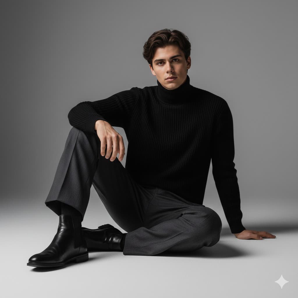 Nano Banana generated image: Use the uploaded photo as the identity reference. Preserve the person’s exact facial features and likeness — no alterations or stylization. Create an ultra-realistic 8K cinematic fashion portrait of the same man sitting confidently on the studio floor, captured from a low-angle medium shot with a 50mm lens. Lighting is soft and directional from the upper left, creating natural highlights and gentle shadows across his face and clothing. He wears a fitted black ribbed turtleneck sweater, tailored gray trousers with clean pleats, and polished black leather ankle boots.  His pose is relaxed yet confident — one leg bent upward, the other folded under, with his right hand resting casually on his knee. Expression: calm, introspective, and self-assured. The background is a smooth gray gradient studio backdrop, harmonizing with the outfit’s tones. The overall mood is modern, elegant, and minimalist, inspired by luxury fashion editorials. Maintain natural skin detail, realistic textures, visible pores, and cinematic soft lighting. Render in 8K ultra-sharp focus with hyper-detailed fabric and leather textures, professional studio color balance, and a refined, high-end aesthetic.