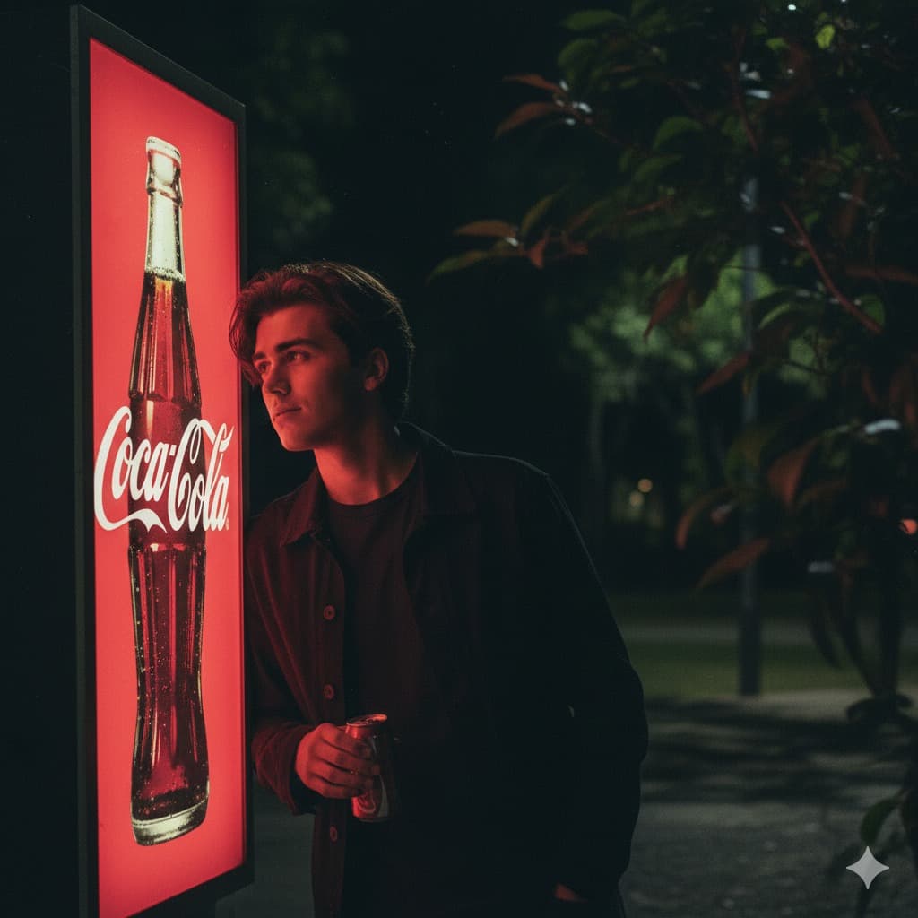 Nano Banana generated image: Cinematic night street photography of a man with the exact same face as the reference photo, leaning casually against a large vertical Coca-Cola illuminated light

box sign, dramatic red glowing light spilling from the box and illuminating his face and upper body. Framing: medium shot (half body), side profile, slightly low angle.

Pose: head tilted slightly upward with a dreamy, thoughtful expression, one hand resting while the other holds a Coca-Cola can. Setting: outdoor park-like area at night with subtle presence of trees and soft foliage shadows in the background, moody cinematic atmosphere. Foreground right side framed by blurred out-of-focus tree leaves and branches, natural depth-of-field effect adding layered cinematic composition. Color grading: dark muted tones, lifted shadows, matte

desaturated style with soft dark gray shadows, faded film aesthetic, film grain.