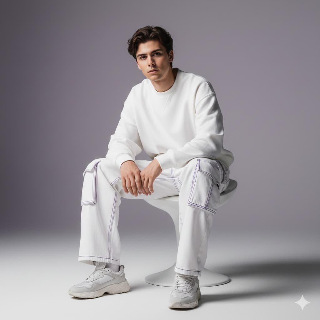 Nano Banana generated image: Outfit: The ensemble consists of an oversized white sweatshirt paired with white and purple oversized combat jeans, complemented by footwear options that include white and purple neutral or Nike sneakers, along with white ribbed socks.

Environment: The backdrop features a muted studio setting with white and purple tones.

Lighting: A soft, cinematic glow will be utilized to accentuate skin and fabric textures.

Style: The overall aesthetic combines elements of fashion editorial with a futuristic flair.

Composition: The model will be seated elegantly, maintaining a relaxed posture. It is essential that both the facial expression and hairstyle remain consistent with the reference images provided.