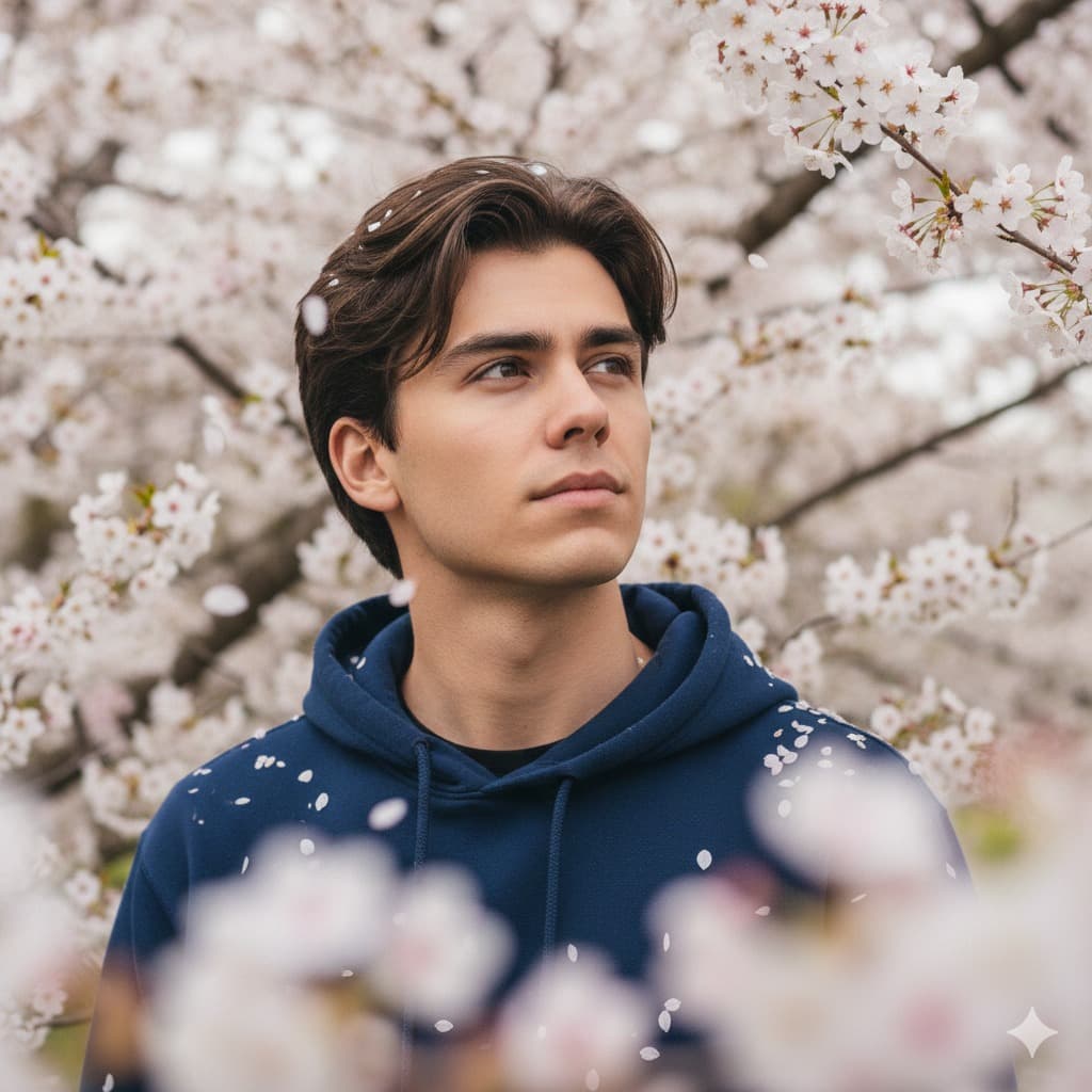 Nano Banana generated image: A half-length portrait (from chest to top of head) of a young man attached photo

in a blue hoodie. He looks up and to the right, head slightly

tilted, expression slightly pensive. Dark brown hair, naturally messy, a few strands

covering his forehead. Spring scene with white-pink

cherry blossoms all around, many petals falling in the air and a few resting on the

shoulders of his shirt blazer. Foreground has blurry cherry blossoms. Keep the face features same.