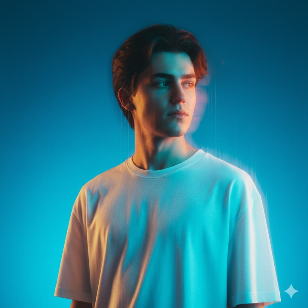 Nano Banana generated image: High-fashion cinematic half-length portrait of the person from input photo, dreamlike editorial style. Multi-exposure motion blur with ghosting and vertical streaks. Clean gradient background from deep azure (#0033AO) to cyan (#OOCCFF). Subject is calmly standing in plain white oversized T-shirt with soft folds catching colored lights. Dramatic lighting: cool blue wash plus orange/yellow edge glow from camera-left/backlight.

Expression neutral/introspective, eyes softly lit or shadowed. Shot on 50-85mm f/1.8, shallow depth, cinematic blur and chromatic separation. Crisp skin/fabric in focus, surreal minimal glitch-inspired fashion mood.