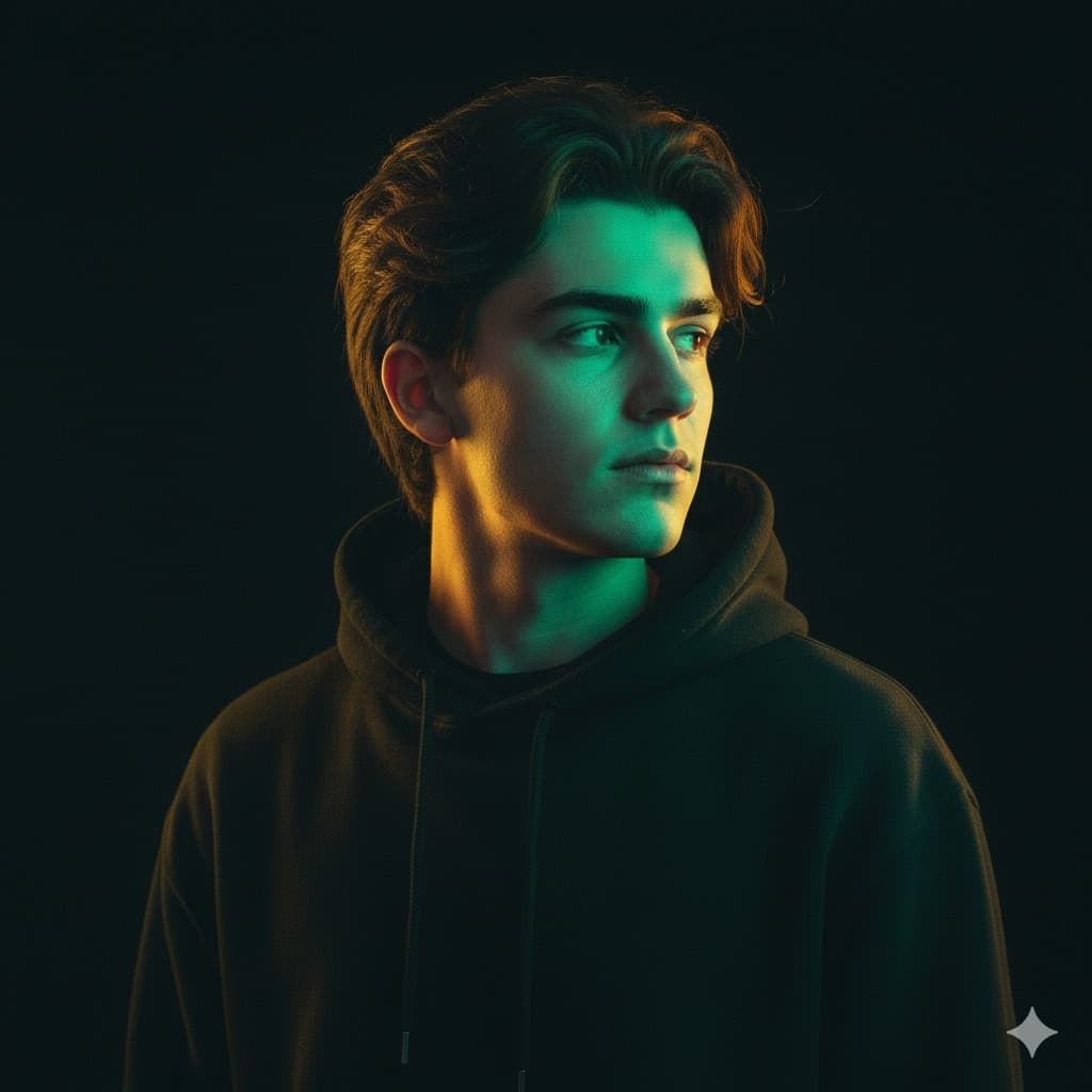 Nano Banana generated image: Ultra-realistic artistic portrait of the model in the reference photo, preserving all real features. [same face as in the submitted photo], [do not alter theroe in the submitted photol, wearing a stylish black sweatshirt, hair glowing vith golden backlighting, contrasted by cool green light on the face and chest, against a deep black background. The model is posed slightly in profile, head turned gently to the side with a thoughtful expression, avoiding direct eye es contact with the camera.


Dramatic cinematic atmosphere with warm and cool tones. Photorealistic skin, hair, and fabric details.* 

Captured with a 50-85mm prime lens, wide aperture. 

*Negative: no distortion, no age/gender alteration, no extra limbs, no noise. no text, no watermark.