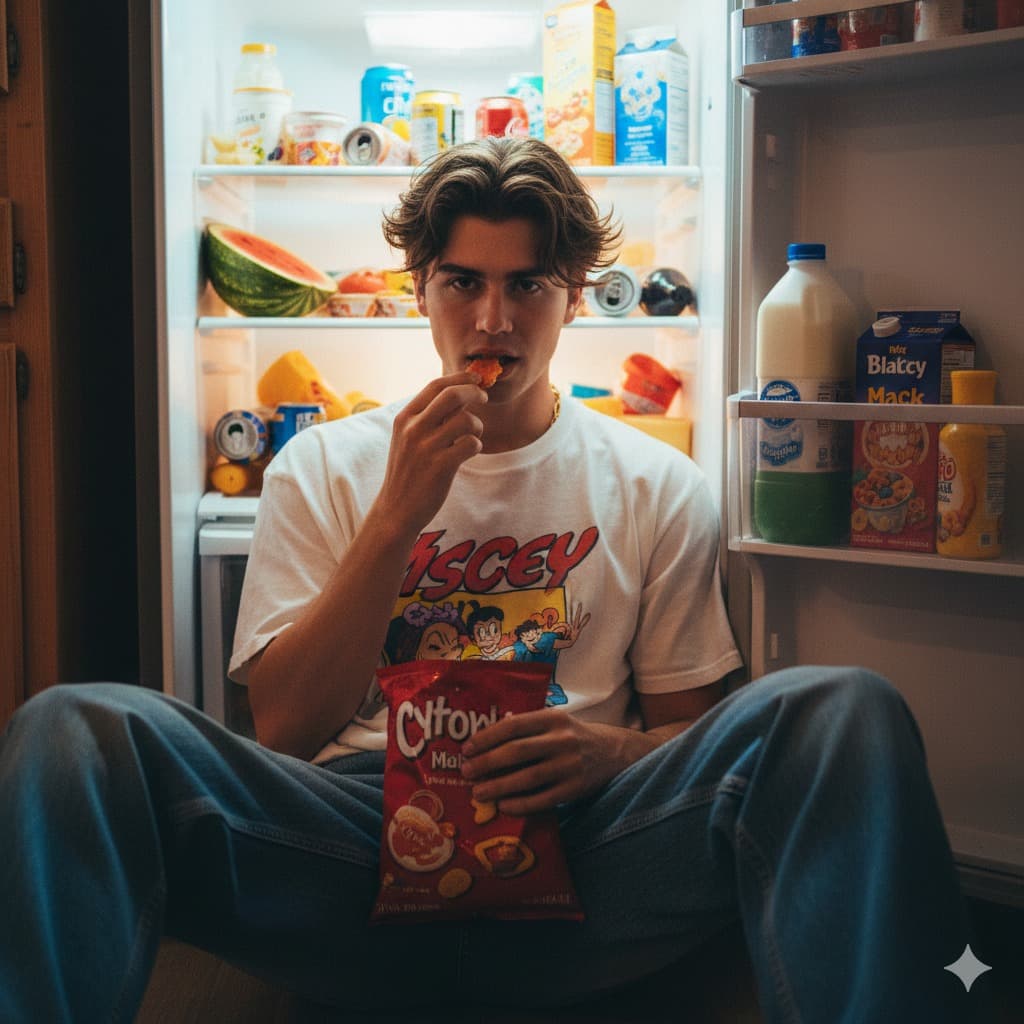 Nano Banana generated image: Dont change my face and my hairstyle. person sitting on the floor in front of an open messy fridge, leaning slightly back with relaxed posture, legs open in a casual spread, confident body language, one hand holding a snack near the mouth, the other hand resting on lap with snack bag, face showing arrogant fashion model expression, sharp gaze, lips slightly parted, candid indie aesthetic wearing oversized y2k white shirt with toon illustration, oversize jeans.


Chill pose a red snack bag on lap and a piece of snack near the mouth, fridge interior filled with messy food and drinks (watermelon, yogurt cups, milk cartons, soda cans, cheese packs, colorful boxes), bright fridge light casting cool bluish tone, contrasting with warm red pants and snack bag, candid indie photography style, cinematic RAW, high resolution, soft grain, artsy skena vibe warm cinematic film tone, golden highlights, creamy whites, deep reds and oranges, cozy indie vibe Ultra HD photo. Cinematic vibe.


Do not change face or hair