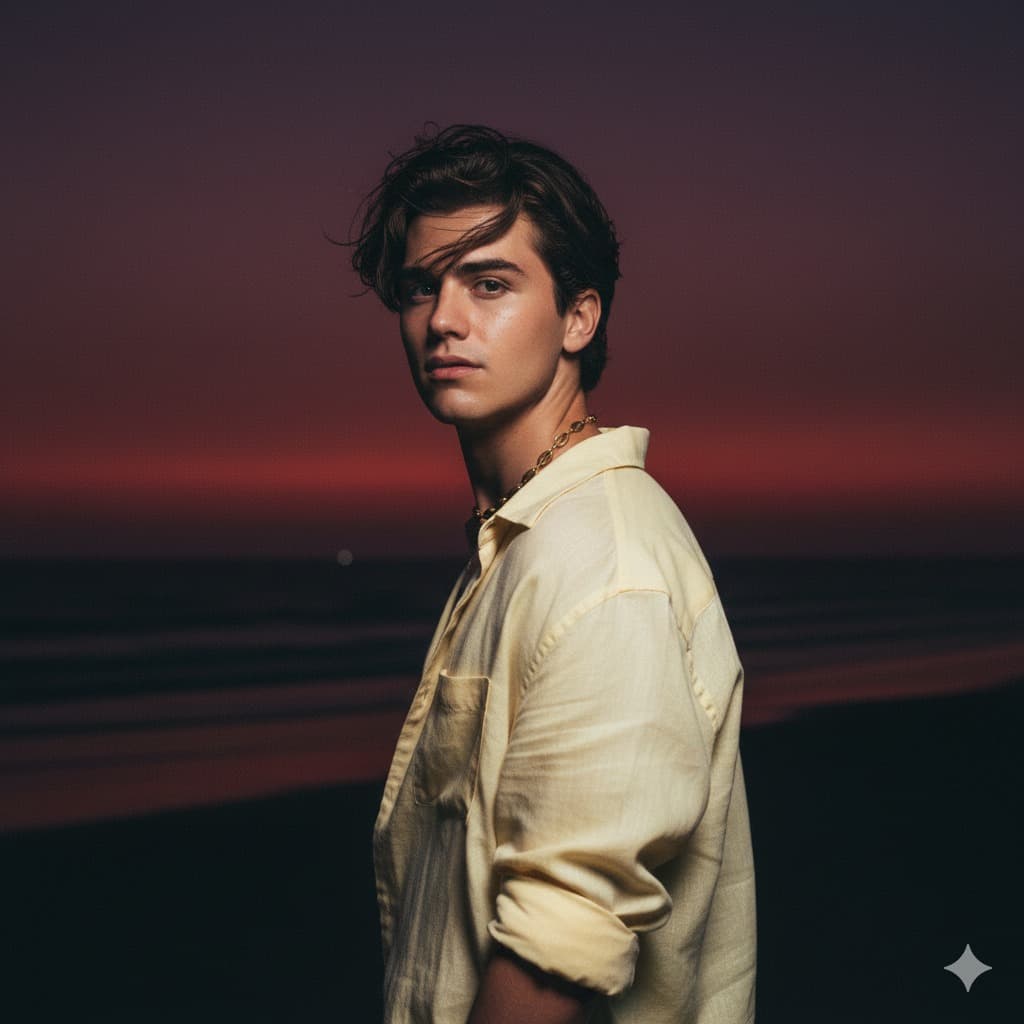 Nano Banana generated image: Create a beachy look of me like I'm on a beach where it's dark

but someone took my picture with a flash, making my face

sun-kissed, slightly glittery, and glowing.


In the background, add a sunset where the sun has 98% set,

leaving a deep purple-red sky, almost dark. The image is taken

from behind my back as I turn toward the camera.


I'm wearing a light yellow, loose, half-open linen shirt with

sleeves rolled up, paired with a subtle gold seashell necklace.

My hair is windswept, giving natural surfer vibes. The picture

is cropped from above the waist, focusing on the upper body

and glowing beachy aesthetic.


Do not change face or hair