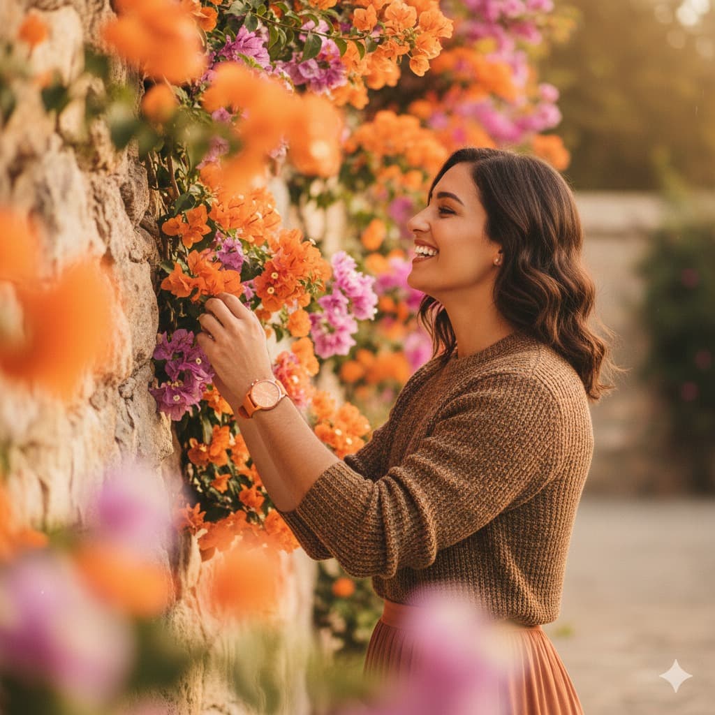 Nano Banana generated image: A warm, golden-hour outdoor portrait of a person standing next to a rustic stone
wall decorated with vibrant climbing flowers. The wall has blooming clusters of
orange, pink, and purple flowers flowing along it, with some blurred in the
foreground for a dreamy depth-of-field effect. The person is smiling joyfully, looking
at and gently touching the flowers, radiating happiness and natural charm. The
outfit is a cozy, textured knit sweater in earthy tones (brown and olive) layered over
a white undershirt. The person wears a bright orange watch on the left wrist. The
photo is shot in natural sunlight with a cinematic, travel-inspired aesthetic. The
style is vibrant, warm, and Instagram-worthy, with shallow depth of field and bokeh
for a professional look. Replace the original subject with me, maintaining the same
pose, lighting, and atmosphere. Ensure realistic blending so the subject looks
naturally part of the scene. Do match the exact face from the reference images.
