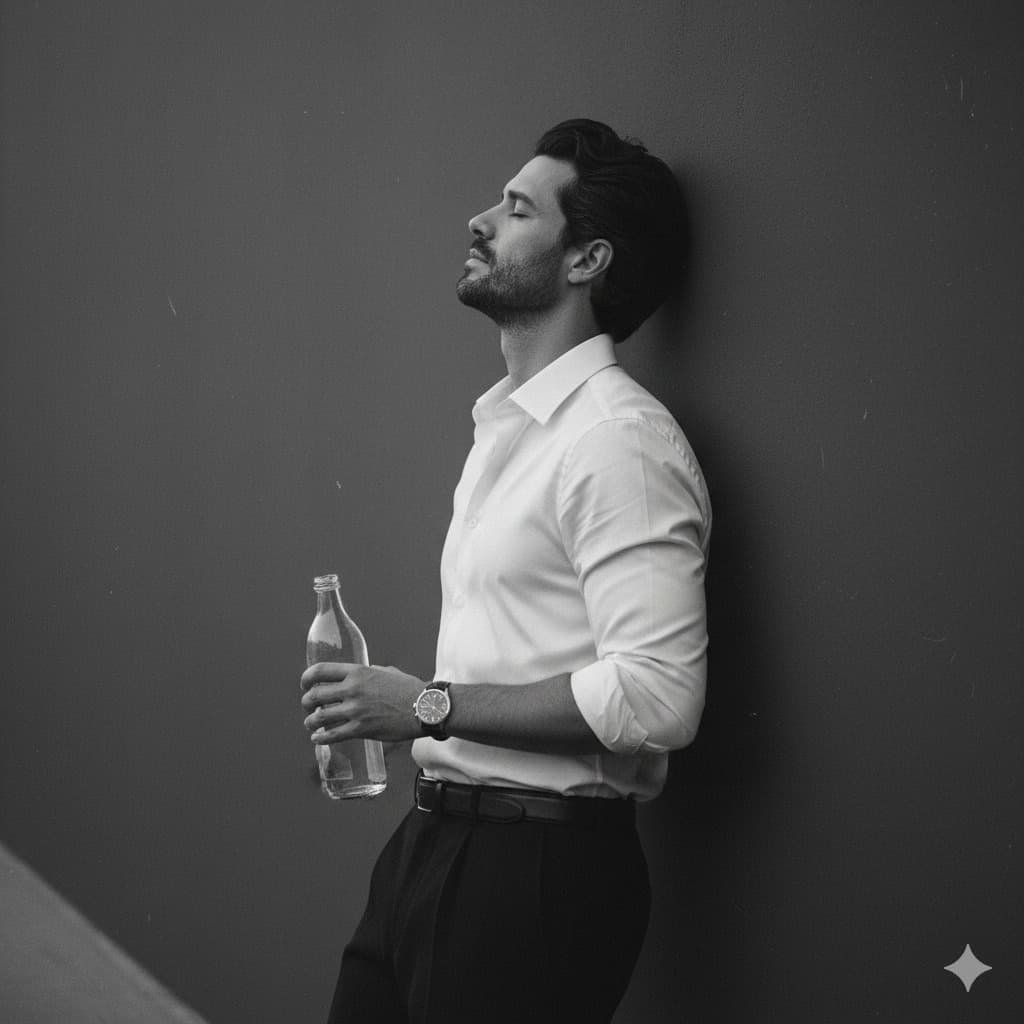 Nano Banana generated image: A cinematic black and white portrait of me (use face features from the image
uploaded) keeping my real face unchanged. I am standing in profile, leaning with
my back against a smooth wall, my posture relaxed yet elegant. My head is tilted
slightly backward, chin raised, and my eyes are closed, giving the impression of
calmness and introspection. My left arm rests naturally along my body, while my
right arm is bent at the elbow, holding a bottle of water near waist height with a
relaxed grip. I am wearing a crisp, fitted white button-down shirt with the sleeves
casually rolled up to the elbows, the fabric slightly stretched across my chest and
arms, emphasizing a tailored silhouette. The shirt is tucked neatly into a pair of
dark, well-fitted trousers, secured with a slim black belt. With wristwatch on my
hand. Keeping the look timeless and minimalistic. The lighting is dramatic and
high-contrast, with soft highlights defining my facial structure, shirt creases, and
the glass, while deep shadows enhance the mood of the scene. The monochrome
tones create a refined, classic aesthetic. The camera captures me at eye-level,
framed from the thighs up, using a portrait focal length of around 85mm, giving
natural proportions and a cinematic depth. The background is plain and dark,
ensuring the focus remains entirely on my pose, expression, and the play of light
and shadow. Style: timeless, black and white photography, cinematic, moody,
fashion editorial