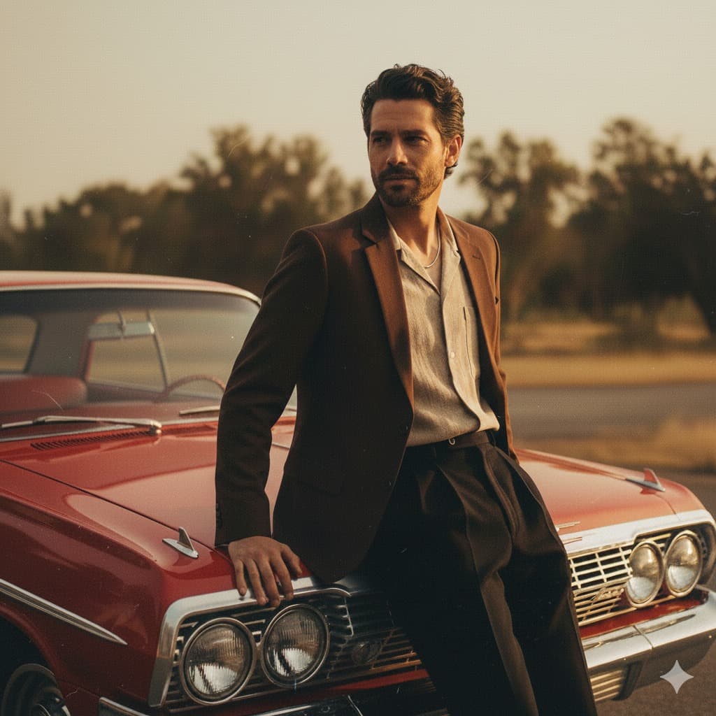 Nano Banana generated image: Create a retro vintage grainy but bright image of the reference picture styled in an old
retro shirt, slightly loose and worn, giving a 90s movie vibe. 
The man is standing and laying casually on a classic white Indian Ambassador car near
the headlights, romanticising the windy outdoor environment.
The scene must feel cinematic, with deep shadows and contrast drama, warm.