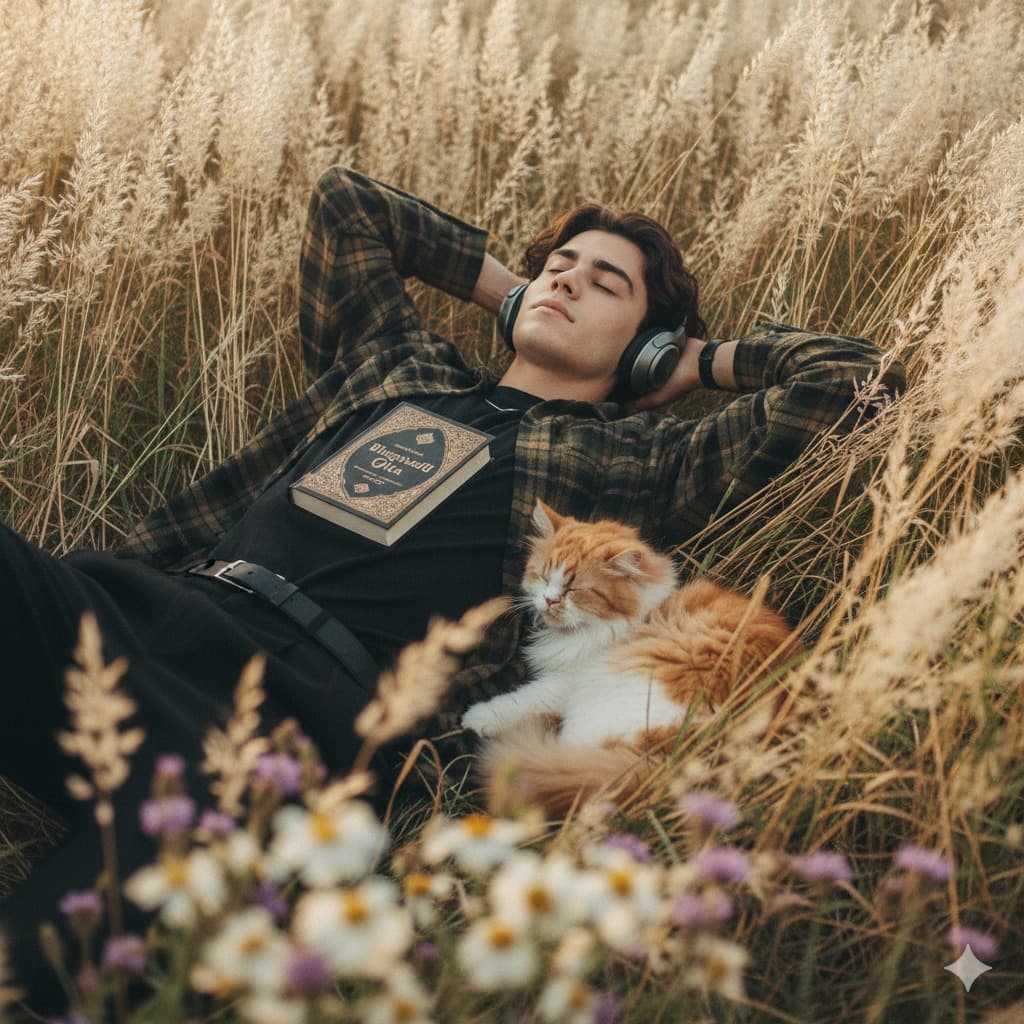 Nano Banana generated image: Hyper-realistic low-angle vertical shot (9:16) of a young man lying in a white long
feathery plant field. He wears a modern check shirt over black tee, arms bent under his
head, eyes closed peacefully. Overhead headphones in curly hair, an upside-down a
vagbat gita book on his chest, and a persian cat tubby sleeping beside him. Warm
light, floral foreground overlap, sharp 8K detail, cinematic color grading, soft shadows.
(Use my exact face as reference images)