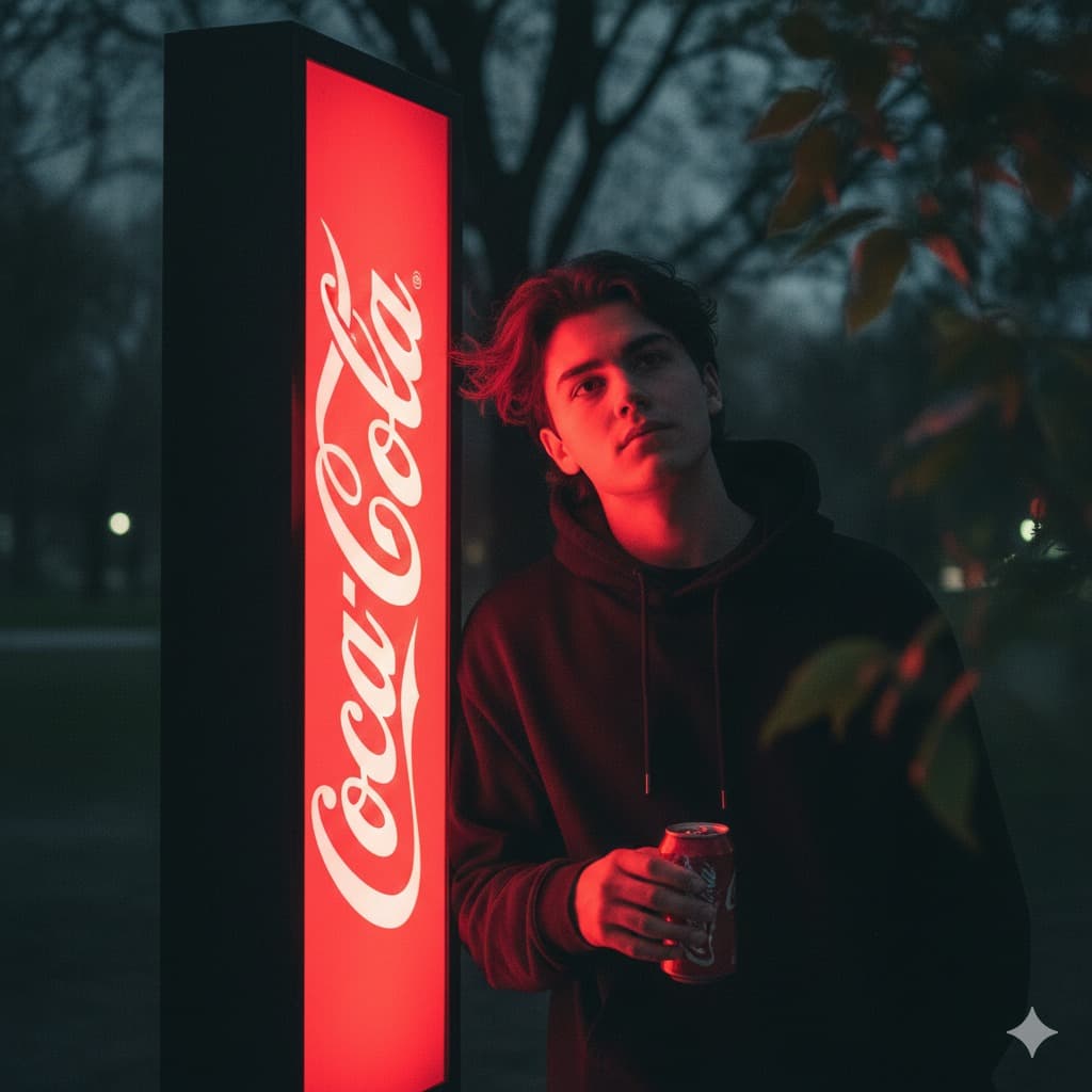 Nano Banana generated image: Cinematic night street photography of a man with the exact same face as the
reference photo, leaning casually against a large vertical Coca-Cola illuminated light
box sign, dramatic red glowing light spilling from the box and illuminating his face
and upper body. Framing: medium shot (half body), side profile, slightly low angle.
Pose: head tilted slightly upward with a dreamy, thoughtful expression, one hand
resting while the other holds a Coca-Cola can. Setting: outdoor park-like area at
night with subtle presence of trees and soft foliage shadows in the background,
moody cinematic atmosphere. Foreground right side framed by blurred out-of
focus tree leaves and branches, natural depth-of-field effect adding layered
cinematic composition. Color grading: dark muted tones, lifted shadows, matte
desaturated style with soft dark gray shadows, faded film aesthetic, film grain.