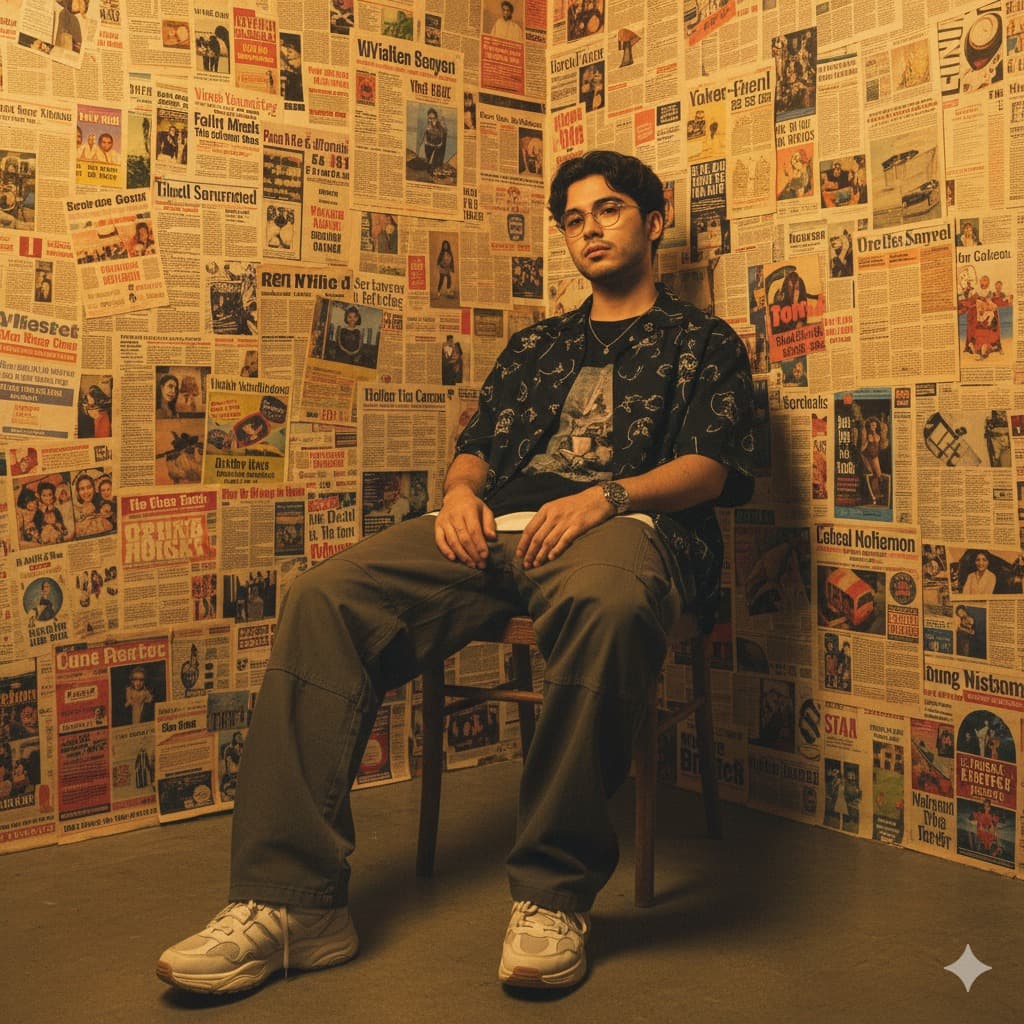 Nano Banana generated image: Edit this image without changing the original face. Make the person appear to be
sitting casually on a wooden chair in a room with walls fully covered in retro-style
newspaper and magazine clippings. They are wearing a Korean-style outfit. Their
facial expression is calm and slightly serious. Warm, yellow-toned lighting gives the
scene a vintage and aesthetic Y2K Korean street style.