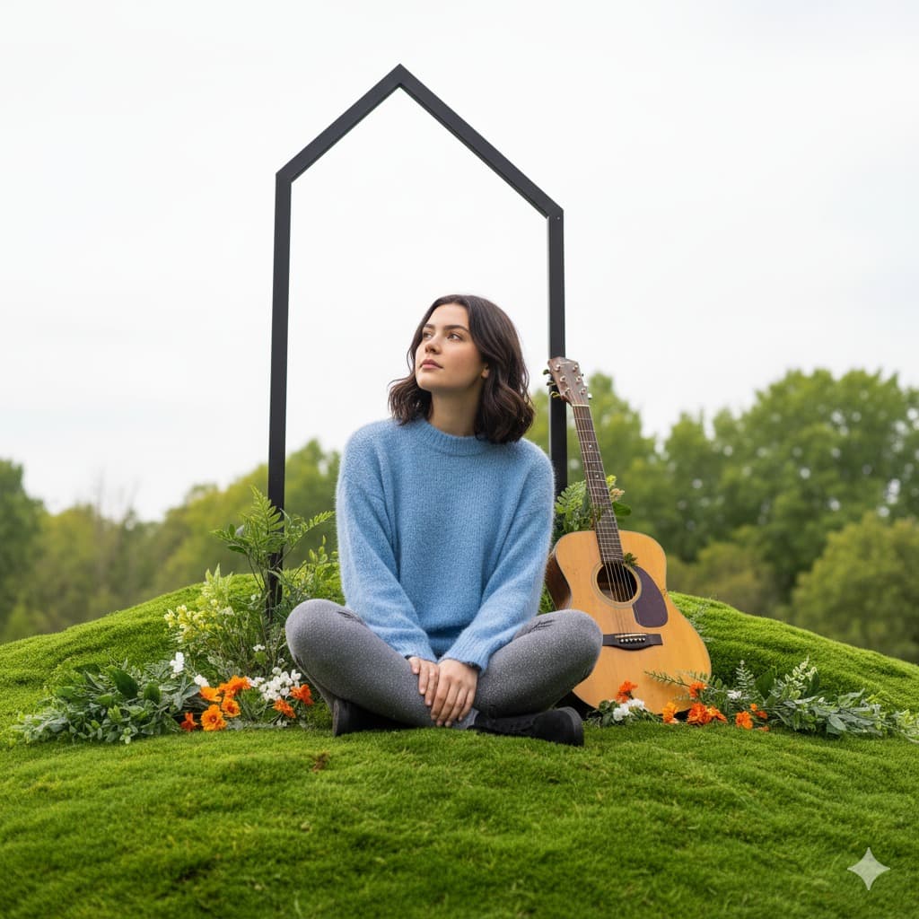 Nano Banana generated image: Young Woman (From Uploaded Image) With Dark Hair, Looking Up-left, Wearing Light
Blue Fuzzy Sweater, Grey Sparkling Pants Seated On Vibrant Mossy Hill With
Orange And White Flowers, Green Foliage, Acoustic Guitar, Moss-adorned, Leans
Right, Tall Angled Dark Frame Behind.