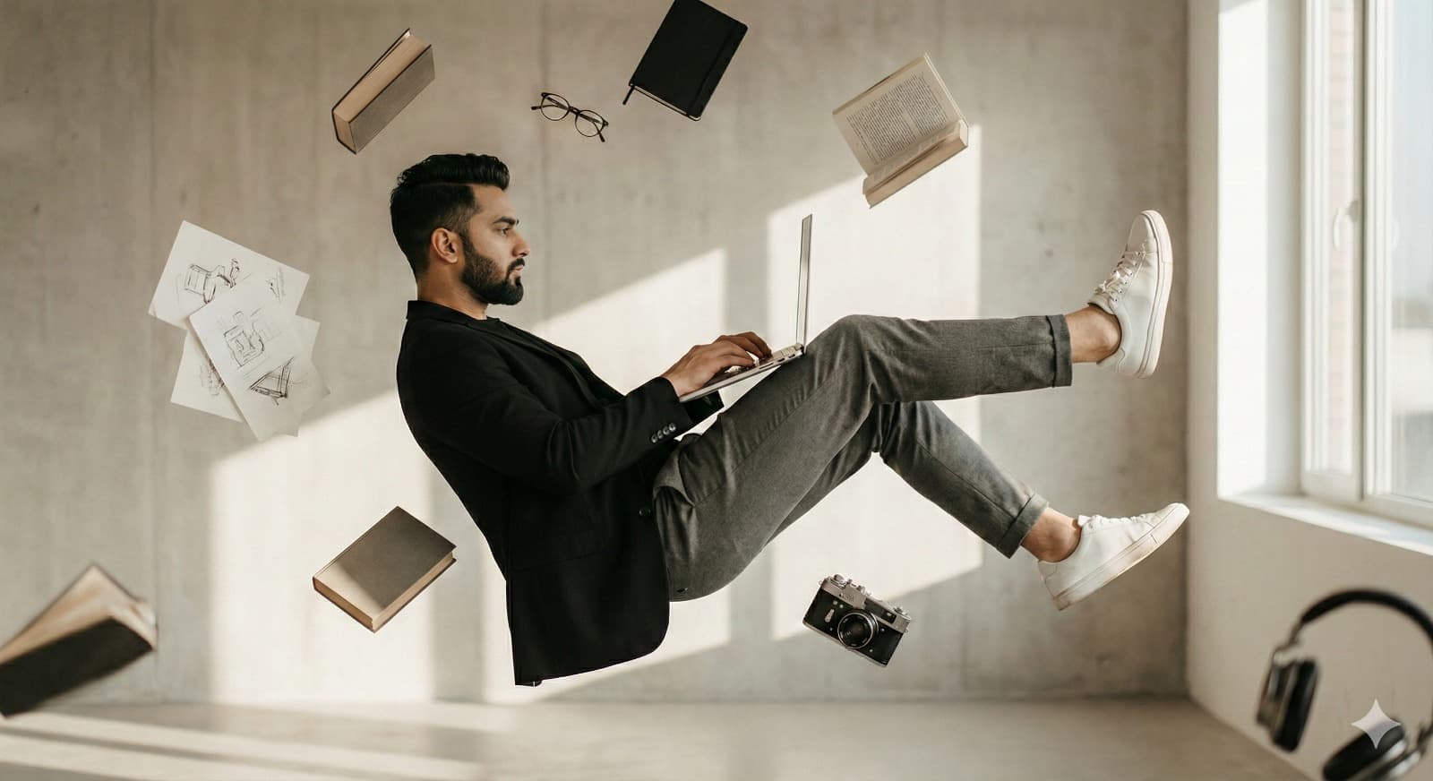 Nano Banana generated image: A man (the face according to the reference photo is 100% similar) who is floating in a modern minimalist style room. He is wearing a stylish black blazer, gray pants, and white sneakers. The man seemed to lean back in the air as if sitting on an invisible chair - one leg bent and the other leg stretched forward. He was typing on a laptop that was also floating, with a focused facial expression.

Around it, floating objects such as books, paper, cameras, notebooks, glasses, and headphones gently orbit, creating a surreal effect as if without gravity.

Lighting: soft natural side light, shallow depth of field, realistic shadows, and cinematic color gradations that highlight a futuristic and dreamy atmosphere.

Style: Ultra-realistic, cinematic, modern, surreal

Camera Settings: Eye-level shot, 50mm prime lens, shallow depth of field, soft natural side light

Mood: Focused, creative, dreamy

Environment: Minimalist indoor workspace with floating objects and clean smooth background. Don't change the face.