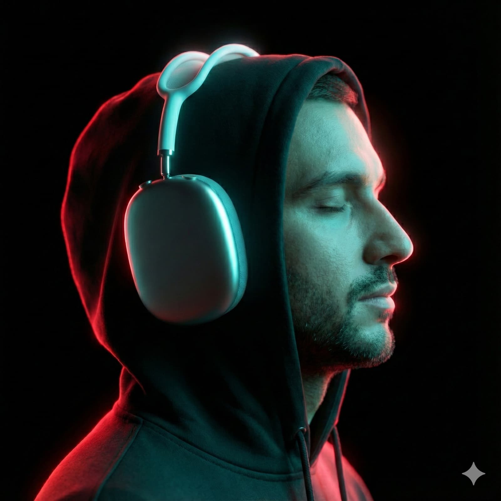 Nano Banana generated image: Side profile portrait of the person from the input photo, facing right, eyes closed, calm expression, on a pure black background. Plain hoodie with the hood up and Applesilver over-ear headphones.

Lighting: Dual Neon - Cyan/Turquoise key light from the front right and vivid red rim light from the opposite side; high contrast, pronounced rim glow, glossy reflections on the headphones, soft cinematic bloom.

Photorealistic, subtle beauty retouch, shallow depth of field (F/2), minimal, no other elements.