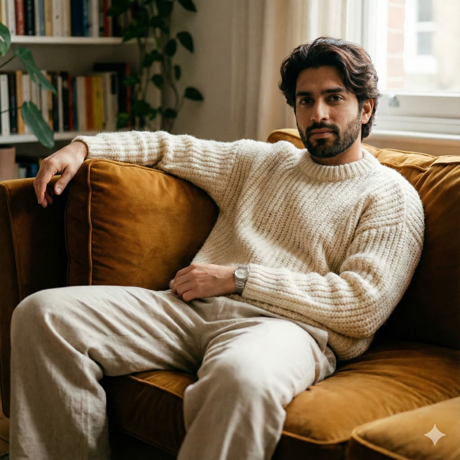 Nano Banana generated image: A serene adult male with natural, unstyled hair reclines comfortably on a velvet sofa, one arm casually resting along the backrest. He is dressed in an oversized cream knit sweater paired with wide-cut, light beige trousers. A subtle silver watch peeks out from under the knit cuff.


The lighting is soft and intimate, casting gentle shadows that accentuate the tactile weave of the sweater and the luxurious texture of the sofa. An 85mm lens set at f/1.8 creates a shallow depth of field, beautifully blurring the background while keeping the subject's relaxed gaze in sharp focus. A delicate film grain enhances the intimate ambiance. The composition and color palette strongly emphasize a natural, authentic feel, maintaining a delicate warmth and timeless texture throughout the scene and Do not change the face