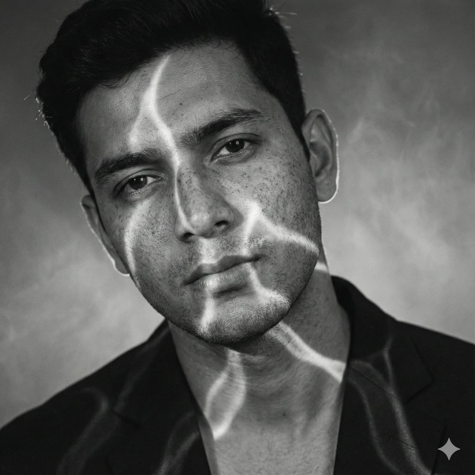 Nano Banana generated image: Hyperrealistic 8K black and white cinematic portrait of a young man with natural freckles and textured skin, captured with a Dutch tilt camera angle. The composition is dynamic and diagonal, the subject framed from the shoulders up, his head slightly tilted in the opposite direction, enhancing the sense of imbalance and tension. Bright sunlight pours through a textured surface, breaking into glowing wavy lines that sweep diagonally across his face and body. The beams ripple like underwater reflections, refracting into surreal, fluid patterns. Shadows remain in soft mid-gray tones, giving the portrait a smooth tonal balance, while the luminous streaks appear vivid and sharp. dominating the scene. His skin is shown with lifelike detail — visible pores, faint stubble, freckles, and subtle imperfections - catching the light in natural highlights. The wavy rays sculpt his cheekbones, lips, and jawline, creating depth and surreal contrast. The background fades into smoky gray gradients with faint haze that makes the luminous streaks expand softly into the darkness. Fine cinematic grain overlays the frame, adding texture and analog realism. The overall mood is dramatic, surreal, and emotional. Strictly do not change the face