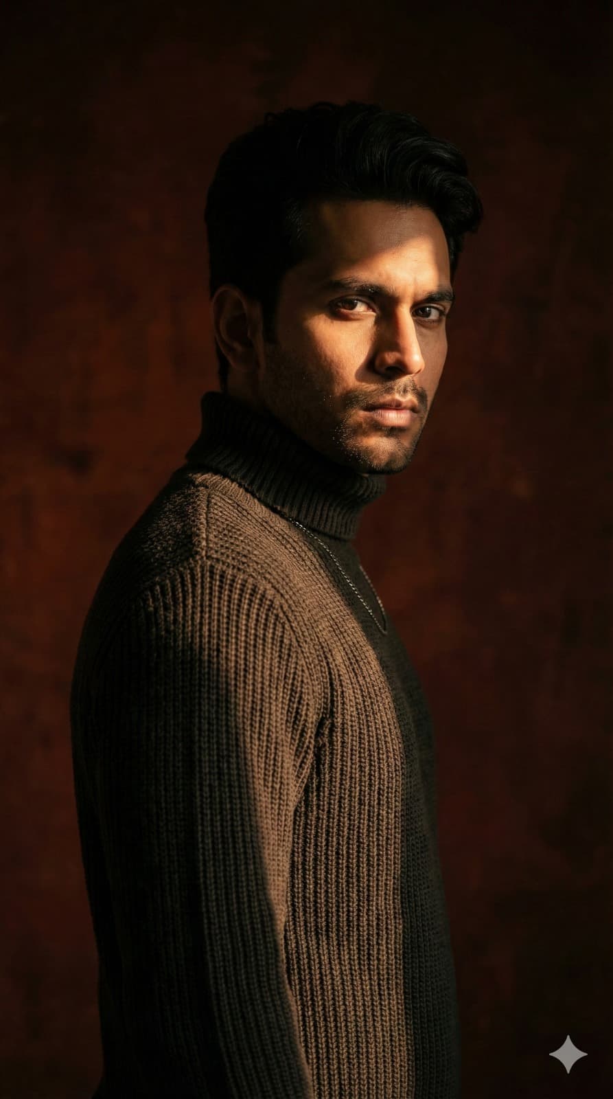 Nano Banana generated image: I’m posed in a three-quarter stance, my body slightly angled to the left while my head remains facing forward, locking eyes with the camera in a confident, intense gaze. My lips are pressed together, and the lighting accentuates the sharpness of my jawline. My right shoulder is closer to the camera, with my arms relaxed at my sides, not shown in detail. I’m dressed in a thick, dark knitted sweater with a tall, turned-up turtleneck collar that frames my face, featuring a chunky ribbed texture for a masculine and stylish appearance. The look is minimalist, with no accessories except for a subtle metallic chain peeking from beneath the sweater. A strong, warm light cuts diagonally across my face and upper body, creating a dramatic contrast between light and shadow. The background is dark, matte, and softly textured with a reddish hue, enhancing the cinematic feel. The camera is positioned at eye-level, capturing me in a portrait style from the chest up. With a focal length of about 85mm, the image naturally compresses my features, highlighting depth without distortion. The overall effect is cinematic, moody, and powerful, emphasizing my facial features and the texture of the clothing with precision.