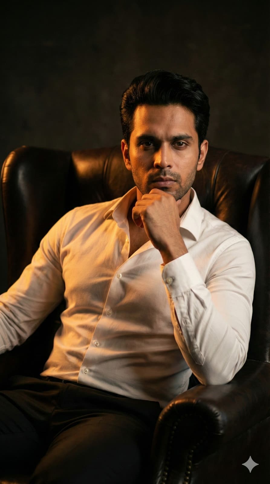 Nano Banana generated image: A cinematic portrait features a man seated in a dark leather armchair, facing forward. He wears a fitted white shirt, slightly unbuttoned at the top, with one hand resting on the armrest and the other thoughtfully placed under his chin. Warm, dramatic lighting casts golden-orange tones on one side of his face and body, creating deep shadows on the other. The minimalist, dark background enhances the contrast, focusing attention on the subject. The mood conveys elegance, confidence, and introspection. Styled as a cinematic portrait with chiaroscuro and dramatic lighting, the composition reflects editorial photography with 8k quality, ultra-detailed, realistic textures, using the uploaded photo to capture the subject's face and identity.