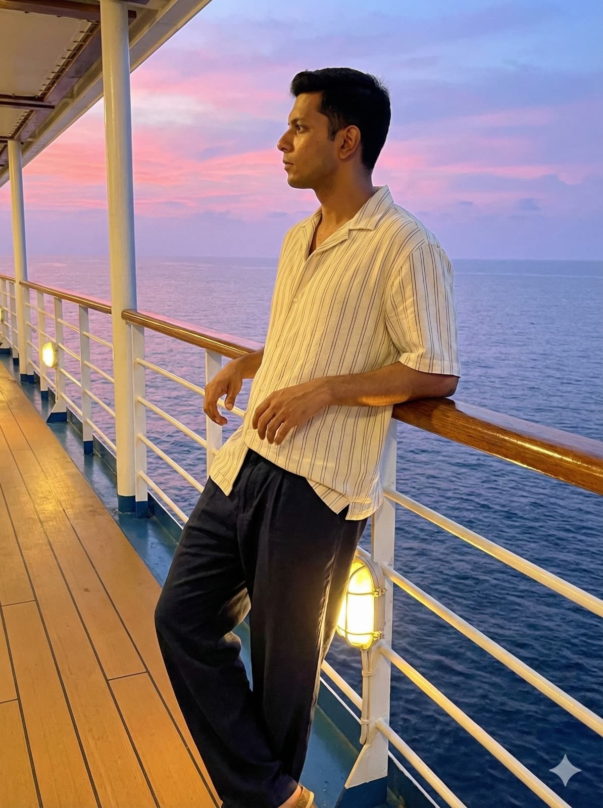 Nano Banana generated image: A realistic, cinematic full-body shot of a man standing on a cruise ship deck at twilight, leaning casually against the railing with one arm. He is looking off to the side towards the horizon. He is wearing a loose-fitting cream short-sleeve button-down shirt with thin vertical stripes and dark loose trousers. The lighting is a dramatic mix of soft pink and purple sunset hues from the sky behind him, contrasting with the warm, golden glow of the ship's low-level deck lights illuminating his legs and side. The background features a calm ocean meeting the sky. High definition, candid travel photography style. --ar 3:4