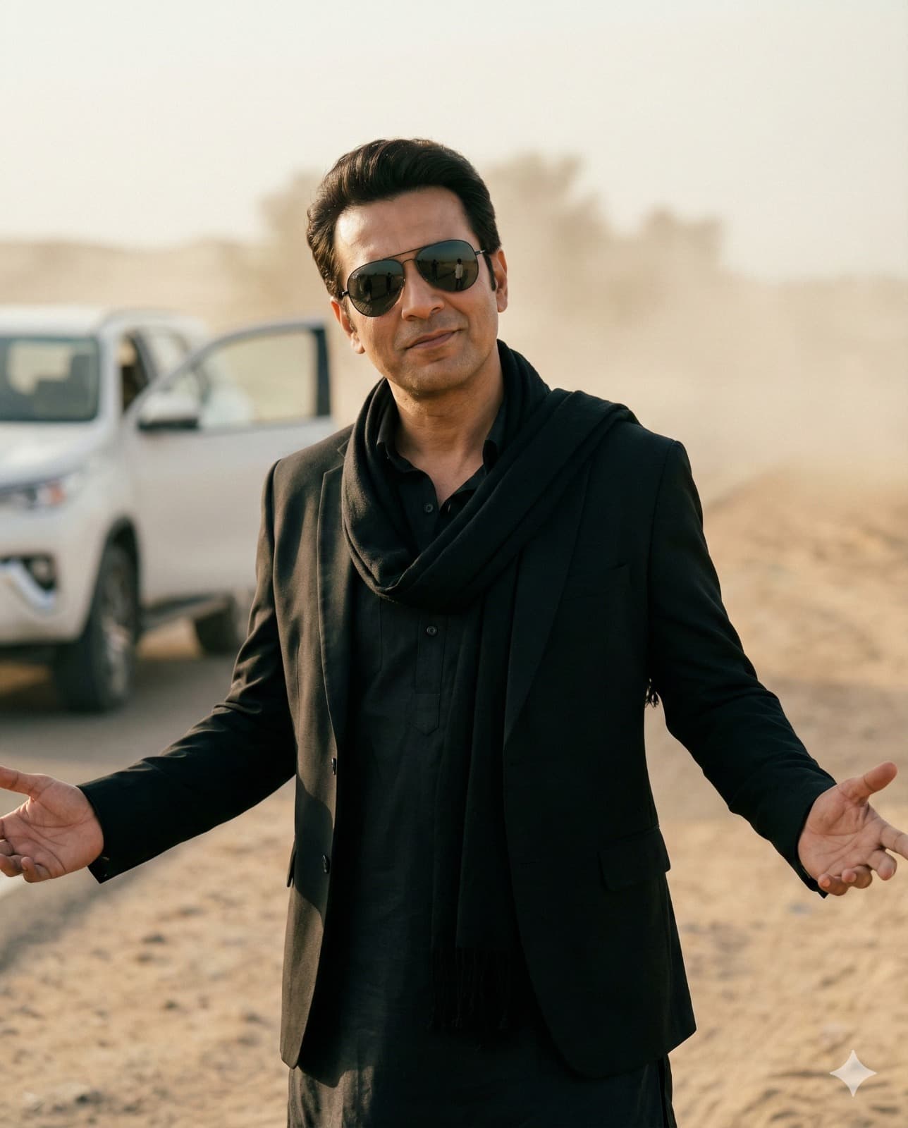 Nano Banana generated image: Transform my uploaded photo into an ultra-realistic cinematic film still while preserving my exact identity (same facial structure, age, skin texture, hairstyle; no beautification; no face change).
Scene: dusty desert roadside with soft beige haze; a white SUV on the left with the door open behind me.
Wardrobe: all-black layered outfit — black kurta with buttons, black blazer/coat, and a black scarf/stole draped around the neck.
Accessories: dark aviator sunglasses, symmetric fit, realistic lens reflections.
Pose/expression: confident smirk, head slightly down and turned; both arms open outward with palms up; hands anatomically correct.
Lighting: warm daylight, gentle contrast, soft shadows, subtle film grain; cinematic color grading.
Camera: medium shot, slightly low angle, shallow depth of field; face tack-sharp, background softly blurred.
Output: Instagram feed portrait, 4:5 aspect ratio, 1080×1350, high detail.
Constraints: no text, no logos/brands, no watermark, no extra fingers, no warped hands, no duplicate limbs, no plastic skin.