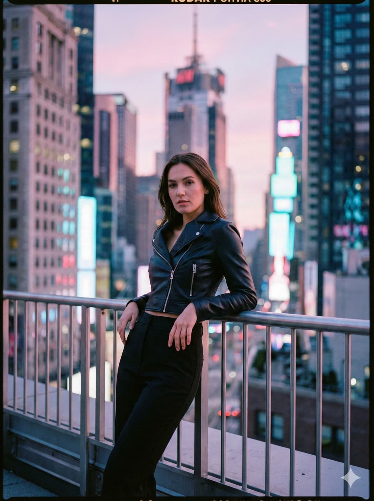 Nano Banana generated image: Create a cinematic portrait of a woman on a rooftop at dusk, with the glowing city skyline behind her. She wears a fitted leather jacket paired with high-waisted trousers, leaning casually against the railing. The soft pink and purple hues of twilight mix with cool neon accents, giving the photo a moody yet modern atmosphere.
aspect ratio 3:4