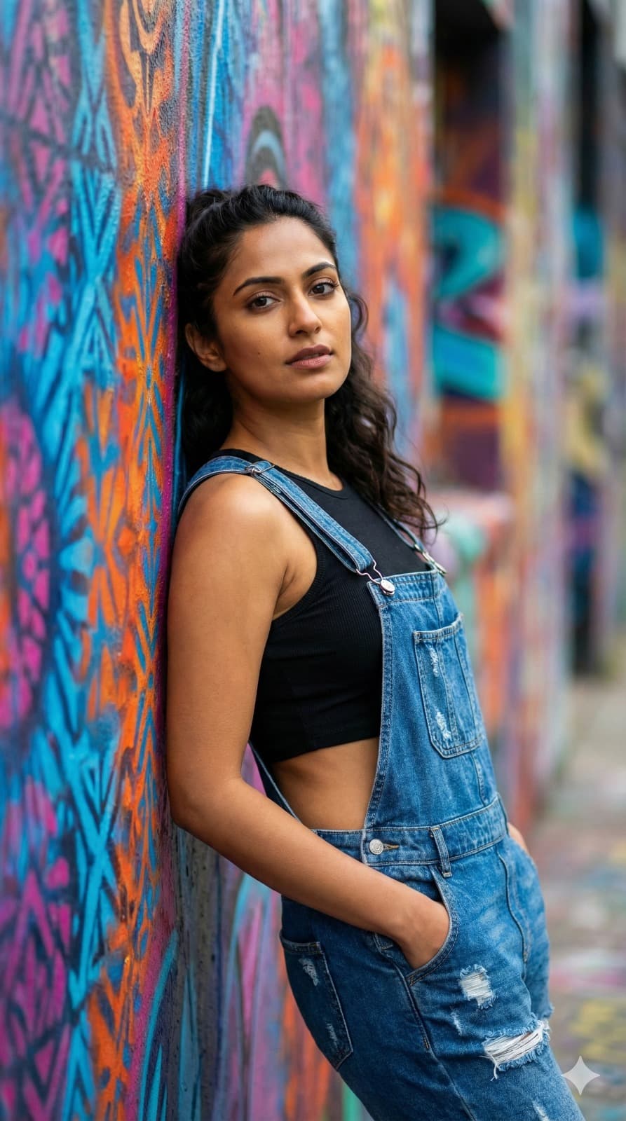 Nano Banana generated image: Make a striking editorial portrait of a woman against a vibrant graffiti wall. She wears casual denim and a fitted crop top, her pose relaxed but assertive. The colors of the background pop dramatically, while the shallow depth of field keeps her as the sharp, modern focus of the photo.
for north indian women
ar 9: 16