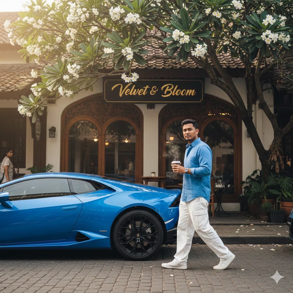 Nano Banana generated image: Cinematic candid morning street photography, side shot, featuring a man with the same face as the reference photo. Outfit: Blue shirt, white cargo pants. The man is walking casually near a parked blue Lamborghini in front of an Indonesian aesthetic coffee shop, shop name: Velvet & Bloom, while holding a cup of coffee. His face shows a candid editorial expression as he looks at the camera. At the top of the frame, there is a lush white frangipani tree with dense leaves and many small white flowers. Ultra-realistic 8K.