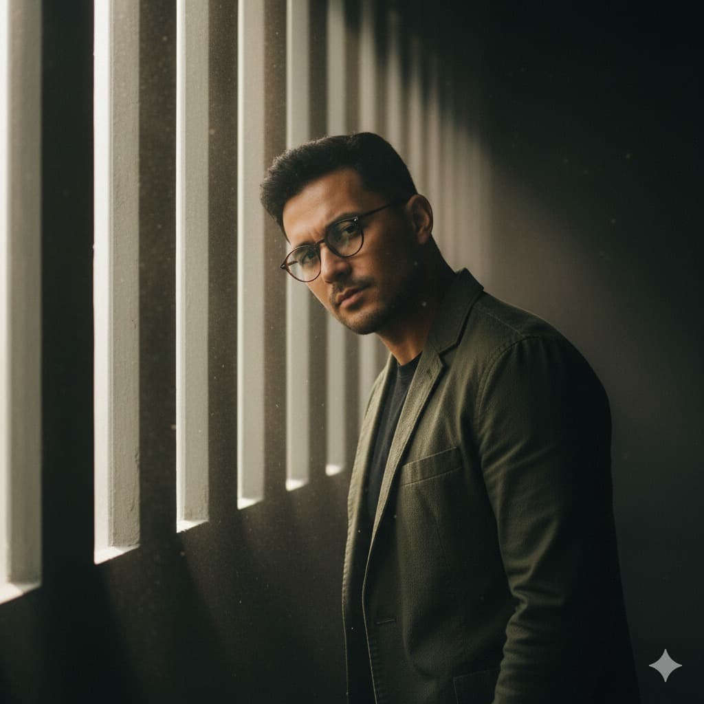 Nano Banana generated image: # A Cinematic Portrait of a Man

A striking image captures a man standing beside a wall adorned with slender beams of light filtering through vertical slits. Dust dances with the light around him, creating an ethereal atmosphere. His face is partially illuminated, while the remaining features fade into shadow. The camera captures a mid-shot, slightly tilted to enhance the tension. Dressed in a dark olive jacket and round glasses, he embodies a mysterious and artistic mood.