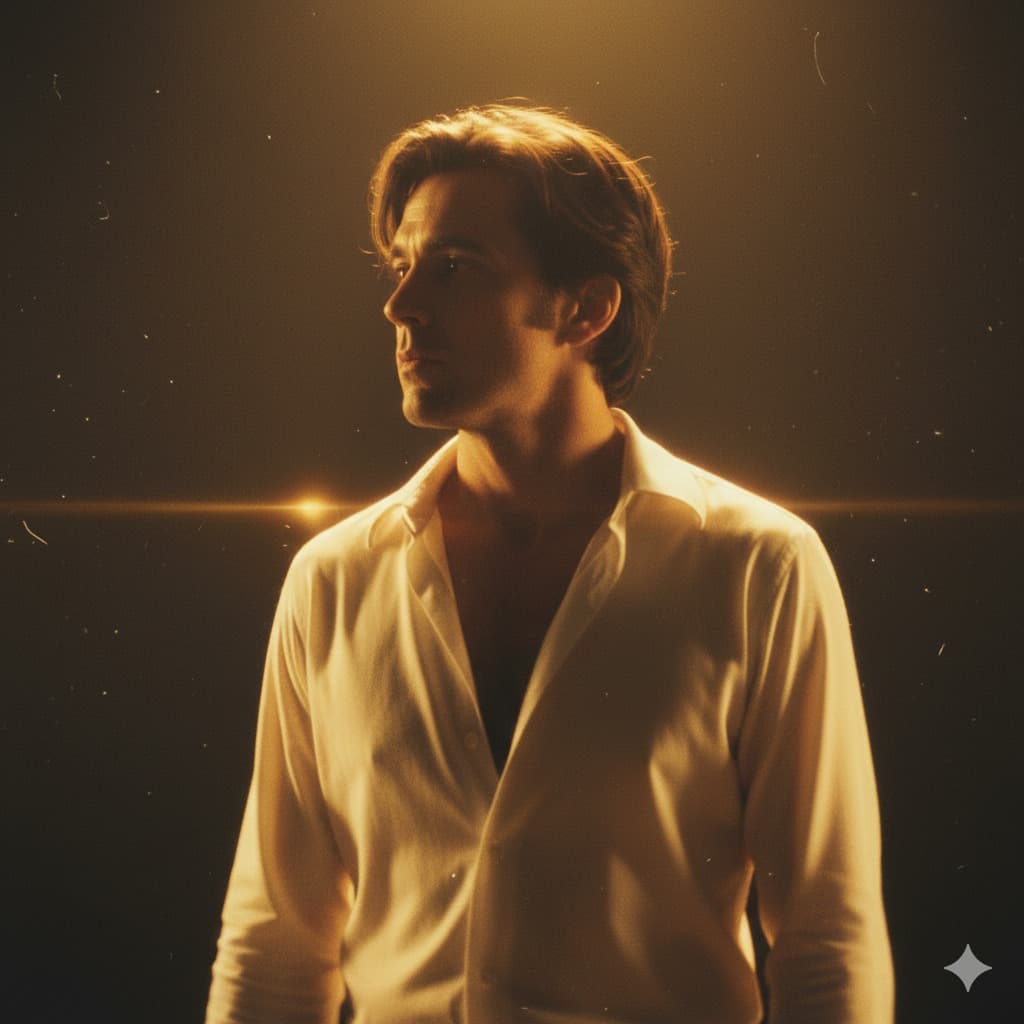 Nano Banana generated image: # 8K Cinematic Portrait of a Man

A man gently moves against a dim, amber-lit backdrop, captured in 8K resolution. The motion blur creates an enchanting illusion of fading memories. His loose white shirt and tousled hair radiate softly in warm golden light, imparting a nostalgic film-like quality. His expression is both distant and serene, as if he is immersed in a memory. Subtle grain and light flares amplify the analog aesthetic, conjuring a dreamlike and emotive still reminiscent of a 1970s romantic art film.