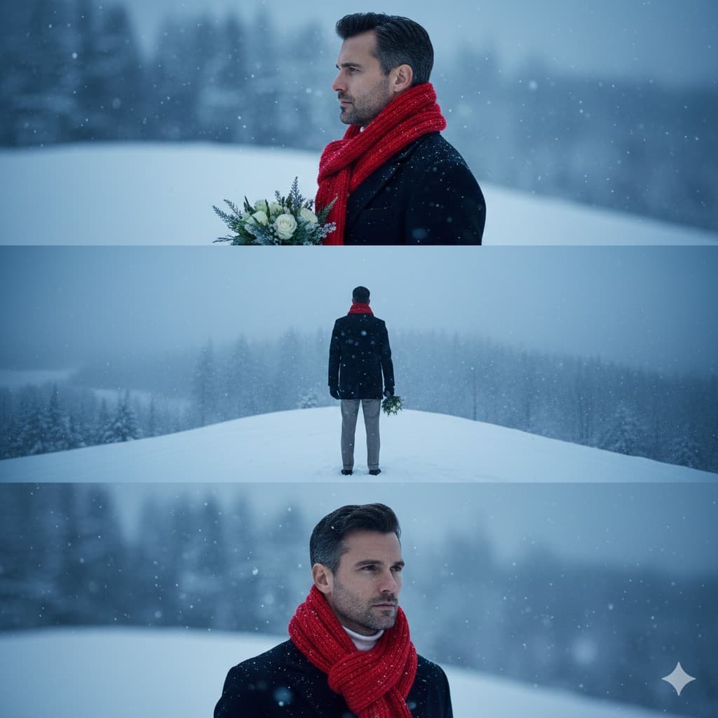 Nano Banana generated image: Create a three-image winter collage featuring the exact same person from the uploaded photo, with face, hair, race, and proportions unchanged. Set the scene in a snowy landscape with soft blue twilight tones and gentle falling snow. In Frame 1, show a side-profile close-up of the subject wearing a warm winter coat and bright red scarf, holding a small bouquet of winter flowers, with clean flash lighting and the snowy horizon behind him. Frame 2 should be a medium shot of the subject standing outdoors on a snow-covered hill, facing away from the camera, the bouquet still in hand, surrounded by rolling white terrain and distant dark tree lines fading into fog. Frame 3 pulls in for a tighter portrait, emphasizing the winter atmosphere: snowflakes softly blurred in the foreground, the subject’s expression calm and reflective, scarf color vibrant against the cold landscape. Maintain consistent color grading of cool blues, crisp whites, and natural skin tones, with realistic details, soft ambient winter light, and a serene, cinematic documentary feel.