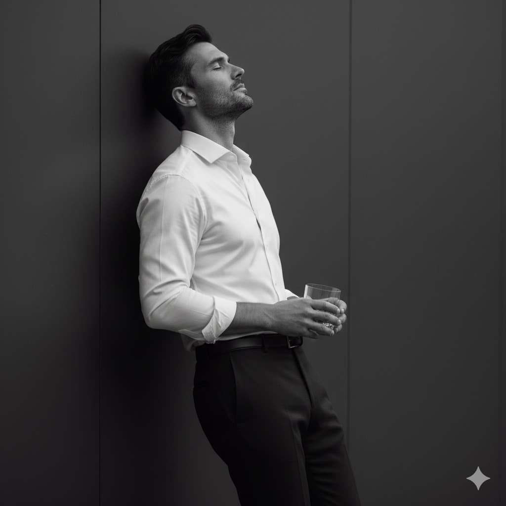 Nano Banana generated image: Create a black-and-white portrait of me, matching my exact facial features and expression. I’m in profile, relaxed against a smooth wall, with my head tilted back, eyes closed, and a calm demeanor. My left arm is natural, while my right holds a glass tumbler at waist height. I wear a fitted white shirt with rolled sleeves, tucked into dark trousers with a slim belt, maintaining a minimalistic look. The high-contrast lighting highlights my features and creates deep shadows for a moody atmosphere. The shot is from the thighs up at eye level, using an 85mm lens against a dark background for a classic, refined aesthetic.