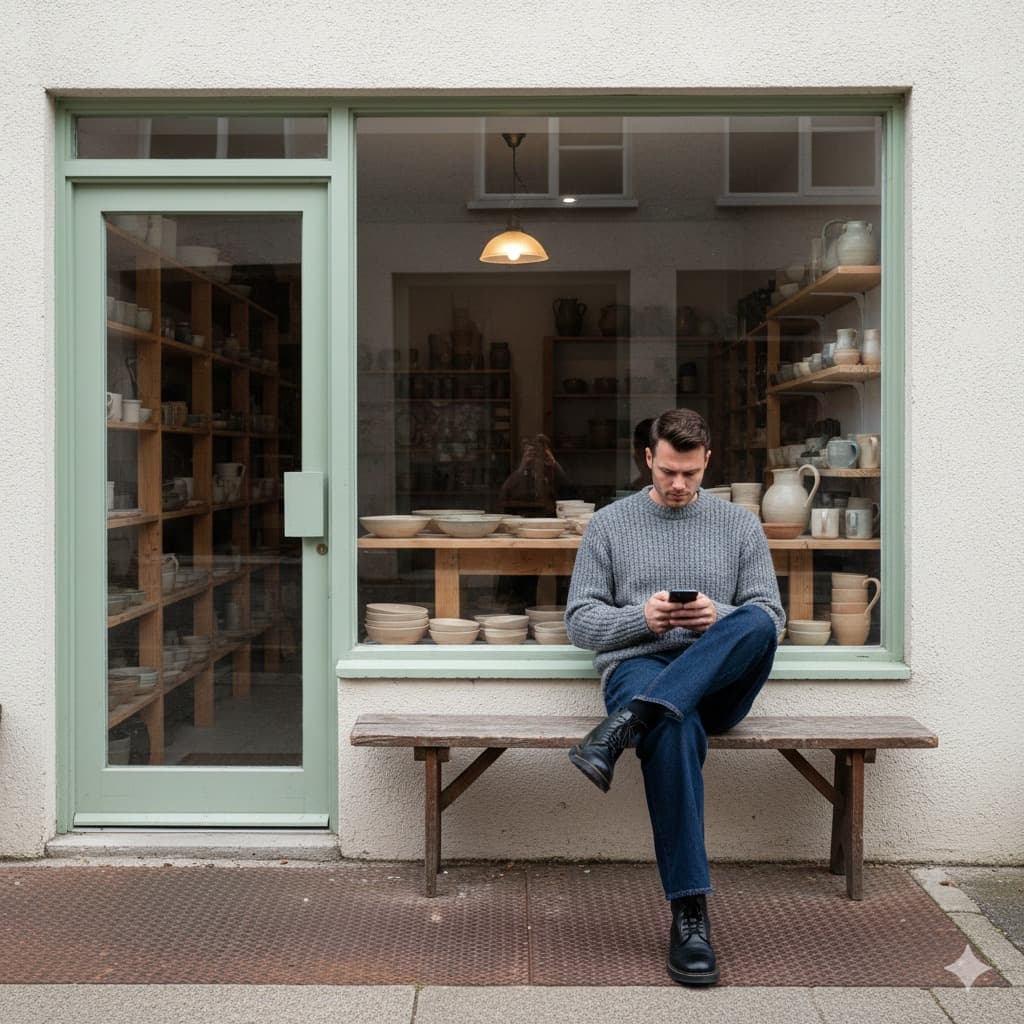 Nano Banana generated image: A candid outdoor photograph of man in uploaded image, sitting casually on a rustic wooden bench outside a pottery shop. He is looking down at his phone, wearing a chunky grey knit sweater, dark wide-leg jeans, and black leather boots. One leg is crossed over the other. The shop has a light-green-framed glass door and stucco walls. Inside, wooden shelves filled with handmade pottery, ceramics, and a table are visible under a hanging pendant light. The ground is paved with a metal grate. The lighting is natural daylight