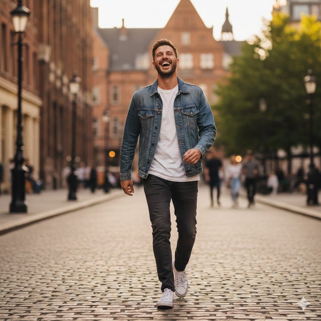 Nano Banana generated image: A candid-looking portrait of a man laughing while walking on a cobblestone street, wearing a denim jacket and simple white sneakers. The background features blurred city details, adding a casual, lifestyle feel with vibrant natural tones.