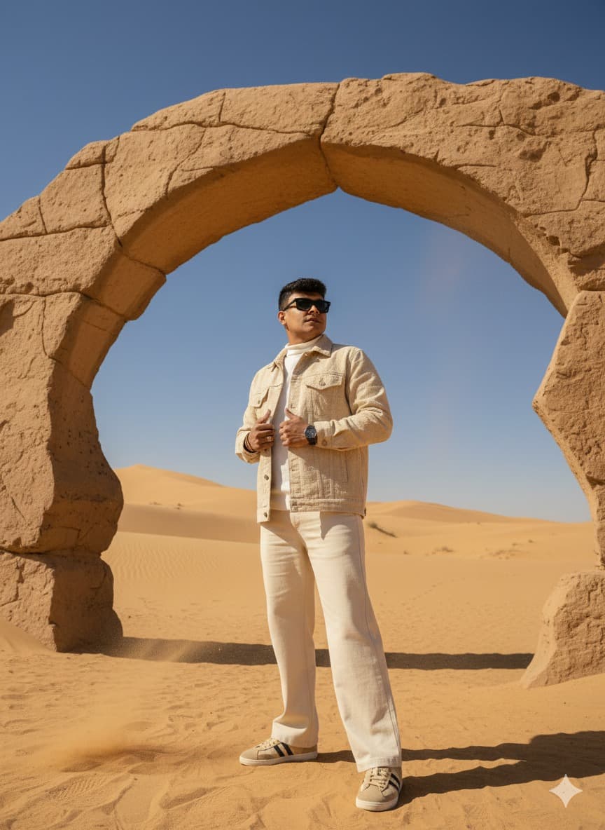 Nano Banana generated image: The person from the reference photos is standing in a desert landscape beneath a natural stone arch, surrounded by golden sand dunes and a deep blue sky. The person from the reference photos is wearing a light beige textured outfit consisting of a loose jacket, matching pants, a white inner shirt, and beige sneakers with dark stripes, maintaining the same dynamic pose with a low-angle perspective. The lighting is bright and natural, highlighting the warm desert tones and fine sand particles blowing in the air. Captured with a wide-angle lens, the cinematic desert atmosphere features realistic textures, strong contrast, and high-resolution detail emphasizing motion and depth.