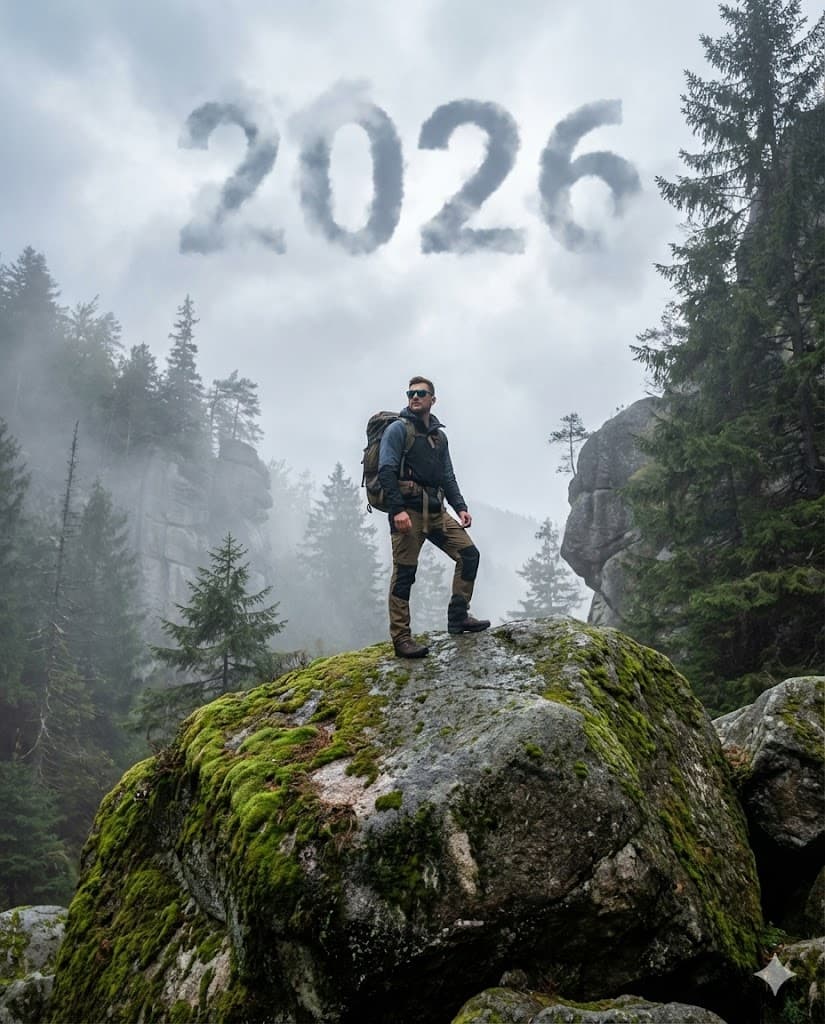 Nano Banana generated image: A wide shot of a traveler standing proudly on top of a large mossy boulder in a misty mountain forest. He is wearing a hiking backpack and sunglasses, looking off to the side. Behind him in the sky, large bold text '2026' is integrated into the clouds. Cold weather vibe, sharp focus, adventurous atmosphere, nature photography."AR--4:5
