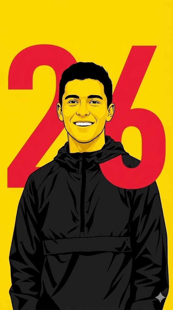 Nano Banana generated image: "A high-contrast studio portrait against a solid, vibrant yellow background. A handsome boy in a black windbreaker jacket is smiling. A massive, bold red number '26' is graphically layered behind him, with parts of the number weaving in front of his shoulder (magazine cover style). Ultra-sharp, minimal, vector art aesthetic." AR--9:16