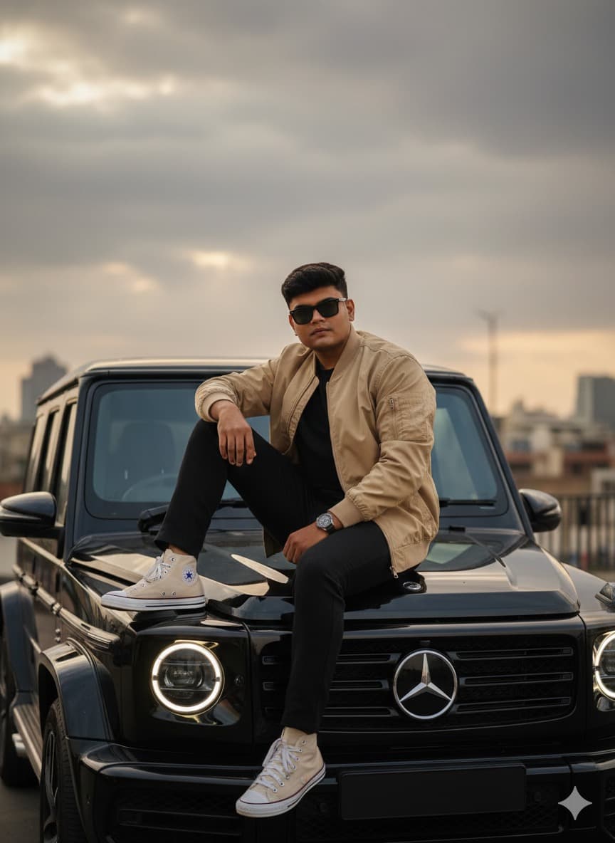 Nano Banana generated image: --preserve_identity=100% --no_stylization --no_feature_blending. Sujeto basado en la imagen de referencia. Rasgos faciales exactos; 	Estilo editorial hiperrealista en 8K, con atmósfera cinematográfica de atardecer; 	Hombre sentado de lado sobre el techo de un Mercedes-AMG G63 negro, pierna doblada y pie apoyado en el capó, cabeza ligeramente girada mirando a cámara con presencia impactante; vestimenta: chaqueta bomber beige con cremallera frontal, pantalones negros de corte moderno, zapatillas CONVERSE x OFF-WHITE Chuck Taylor Vulcanized Hi “Clear”, gafas de sol Ray-Ban Wayfarer, estilo casual, sofisticado, urbano y moderno con toque editorial; 	Zona Urbana, fondo con cielo nublado gris;	Luz cálida difusa del atardecer, faros del coche encendidos iluminando suavemente y creando profundidad dramática; retrato en 8K hiperrealista, lente 24 mm f/1.2, profundidad de campo reducida, fondo suavemente desenfocado, enfoque absoluto en texturas de piel, cabello, ropa y materiales del automóvil, iluminación natural combinada con faros, tonos cálidos y contraste suave. 	-- ar 9:16 vertical, 8K RAW, lente 35-85mm f/1.2-f/2.8, ISO 100-400, enfoque nítido en rostro/ojos, profundidad de campo reducida, bokeh suave, HDR, iluminación cinematográfica, gradación cálida/natural, grano de película sutil, texturas hiperrealistas de piel, ropa y accesorios, fondo suavemente desenfocado, nitidez editorial, estilo editorial/alta moda.	-- sin CGI, 3D, render, caricatura, anime; sin piel de plástico, borroso, artefactos, distorsiones, poses rígidas; evitar saturación o colores irreales, sobreexposición, reflejos falsos; no alterar rostro, expresión, cuerpo ni identidad; mantener realismo y estilo cinematográfico/editorial.figure and face fat not show some slim and chisal face look like real face face not look like fatty some jaw line also