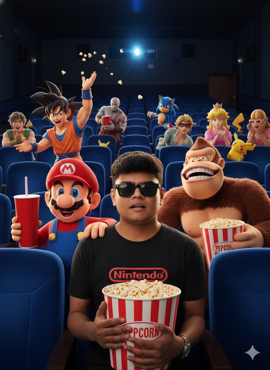 Nano Banana generated image: "A hyperrealistic cinematic shot inside a dark movie theater with visible blue seats in the background, filled with various video game characters having fun. The main character, a man (from the provided photo), looks embarrassed, wearing a simple black Nintendo t-shirt, holding a large red and white striped popcorn bucket in one hand.
On each side of the main character:
* Left: Mario Bros. holds a red soda cup in one hand, with a mischievous expression.
* Right: Donkey Kong is laughing heartily, holding his own popcorn bucket. His smile is wide and sensual, with gleaming teeth.
In the background, other video game characters are visible in the seats, including Goku from Dragon Ball, Kratos from God of War, Sonic, Link, Zelda, Princess Peach, a Pikachu-like character, and many more, some wearing 3D glasses, others tossing popcorn in the air, creating a chaotic and festive atmosphere.
The lighting is cinematic, primarily coming from an invisible screen in front of them, with light reflections on their faces and popcorn buckets. The details are extremely realistic. The overall atmosphere is joyful, original, and slightly exaggerated."figure and face fat not show some slim and chisal face look like real face face not look like fatty some jaw line also